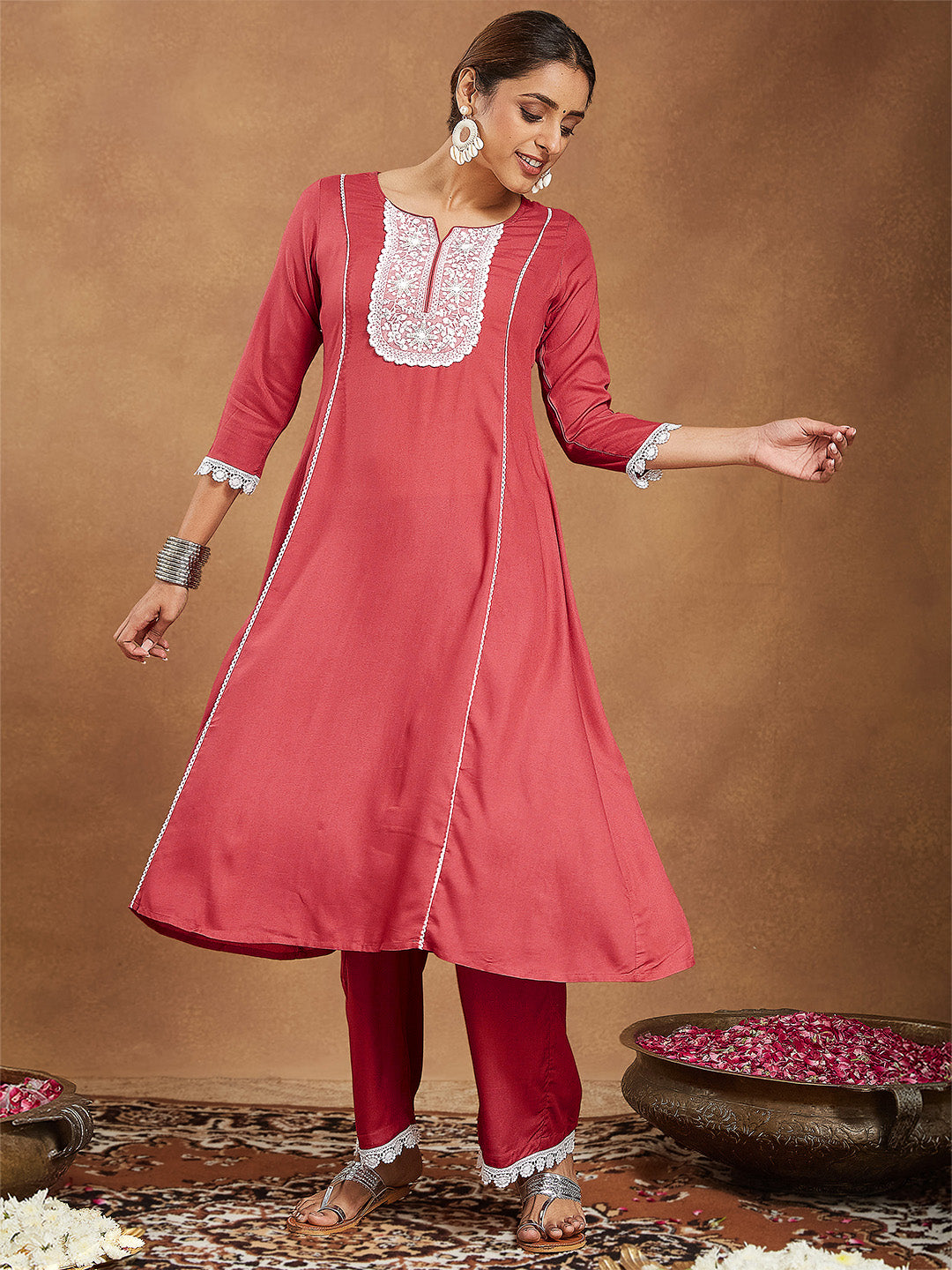 Janasya Women's Rust Rayon Yoke Embroidered A-line Kurta With Palazzo Set