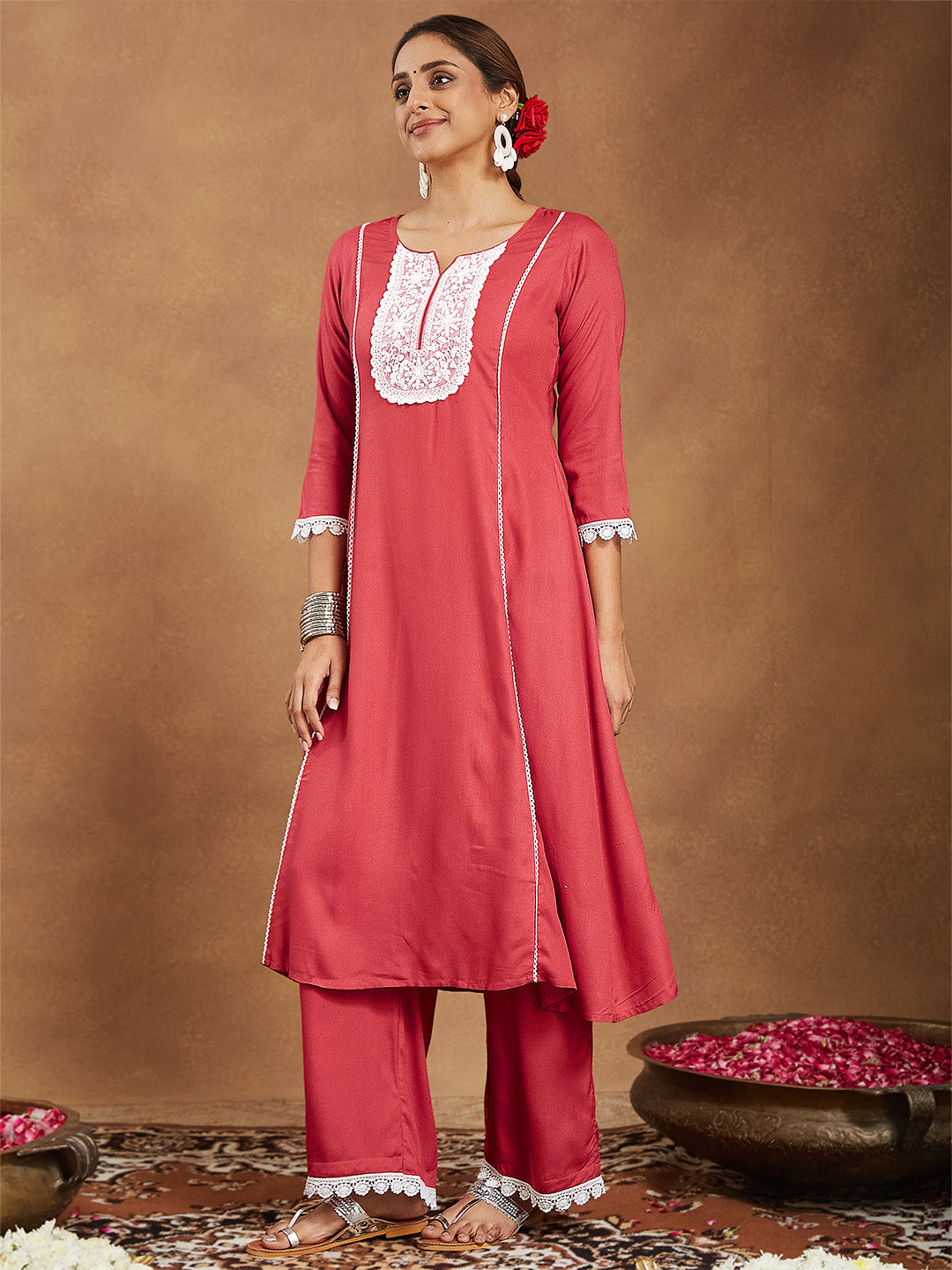 Janasya Women's Rust Rayon Yoke Embroidered A-line Kurta With Palazzo Set