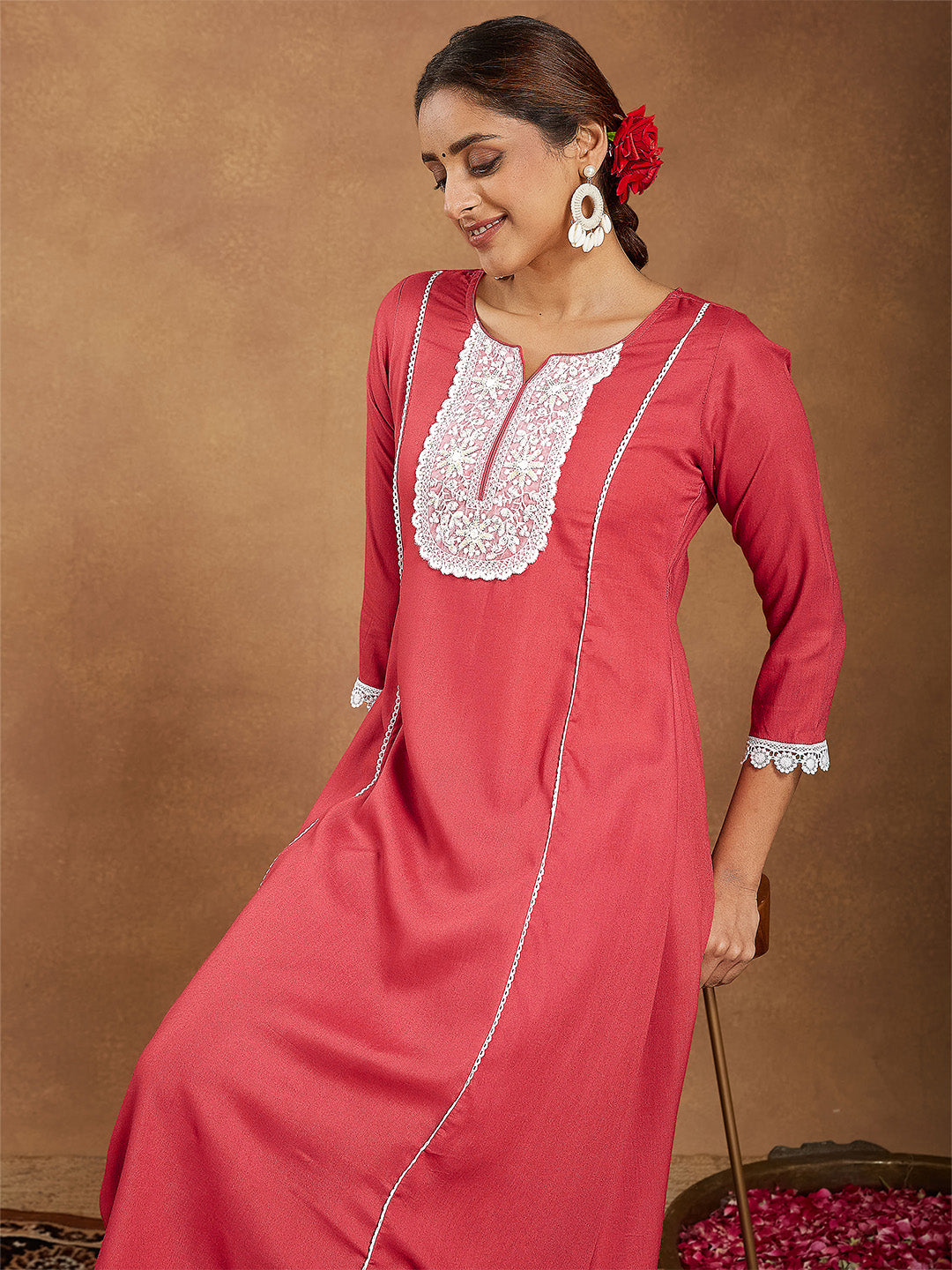 Janasya Women's Rust Rayon Yoke Embroidered A-line Kurta With Palazzo Set