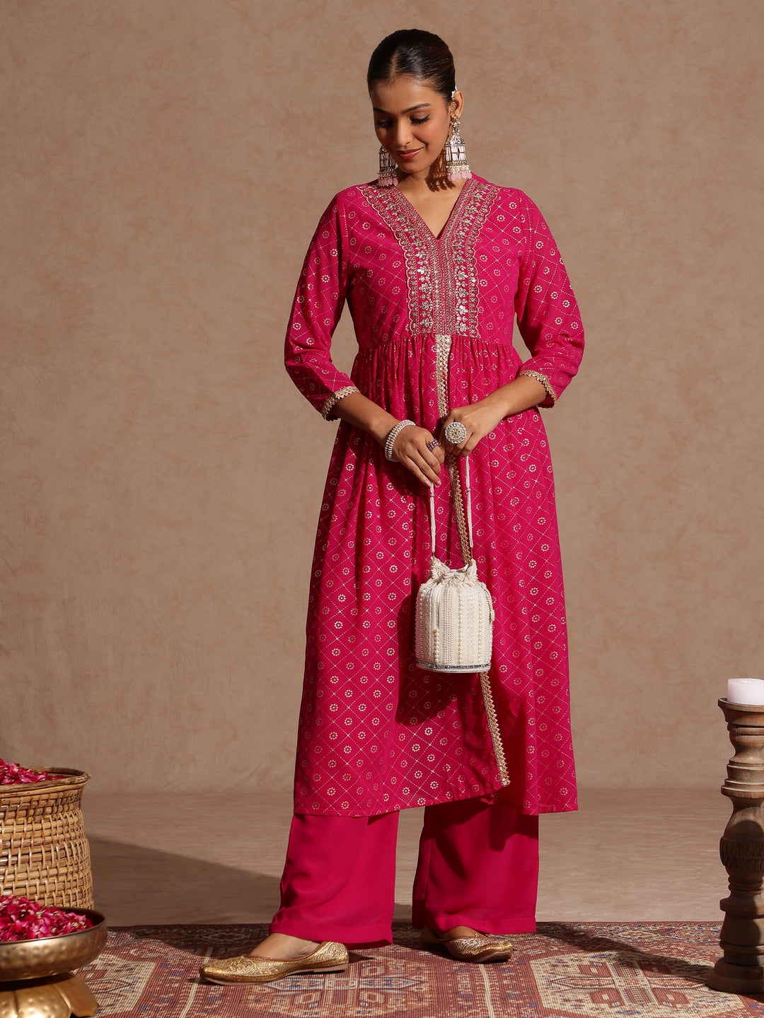 Janasya Women's Pink Georgette Foil Printed Embellished A-line Front-open Kurta With Palazzo Set