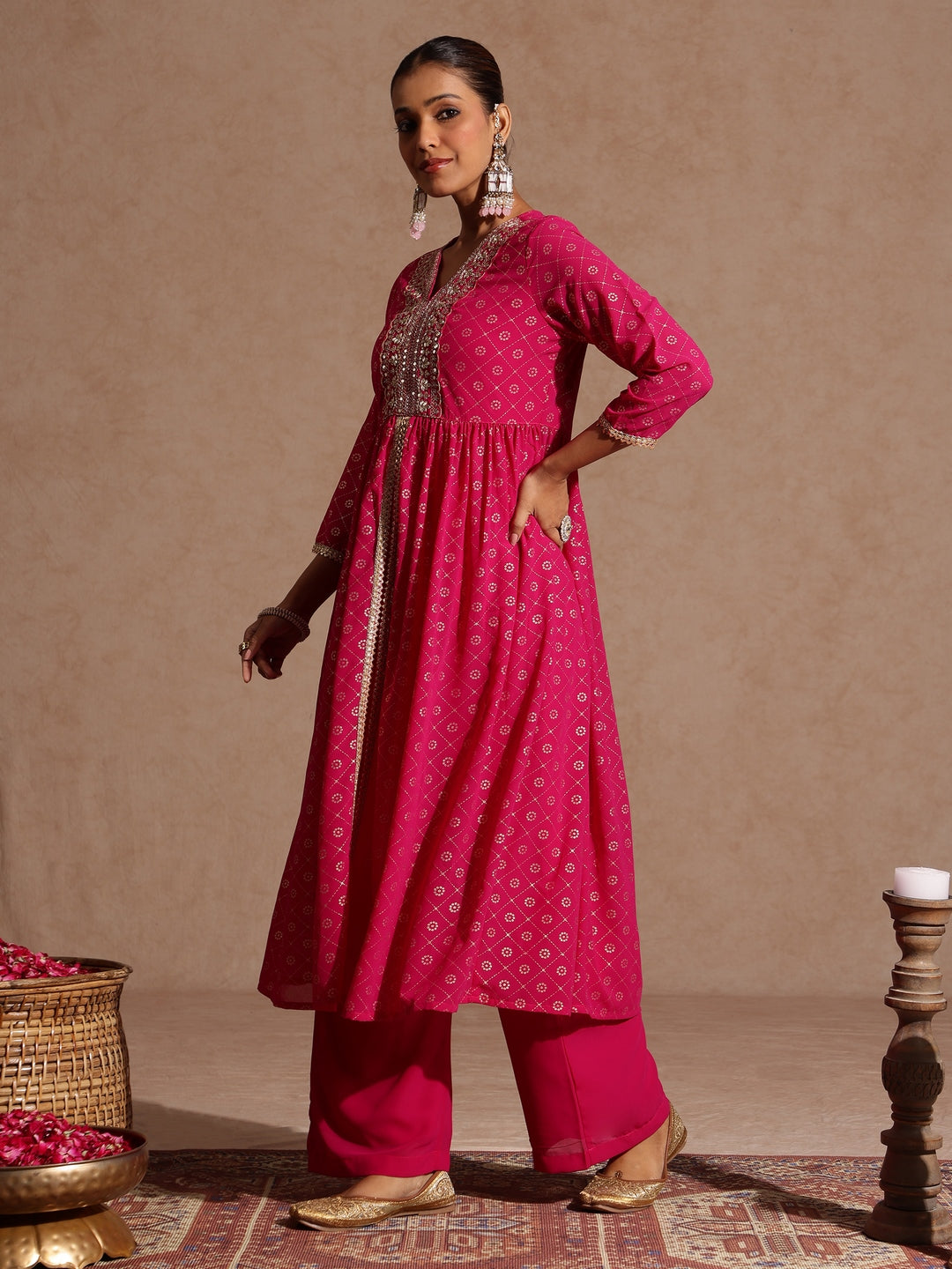Janasya Women's Pink Georgette Foil Printed Embellished A-line Front-open Kurta With Palazzo Set