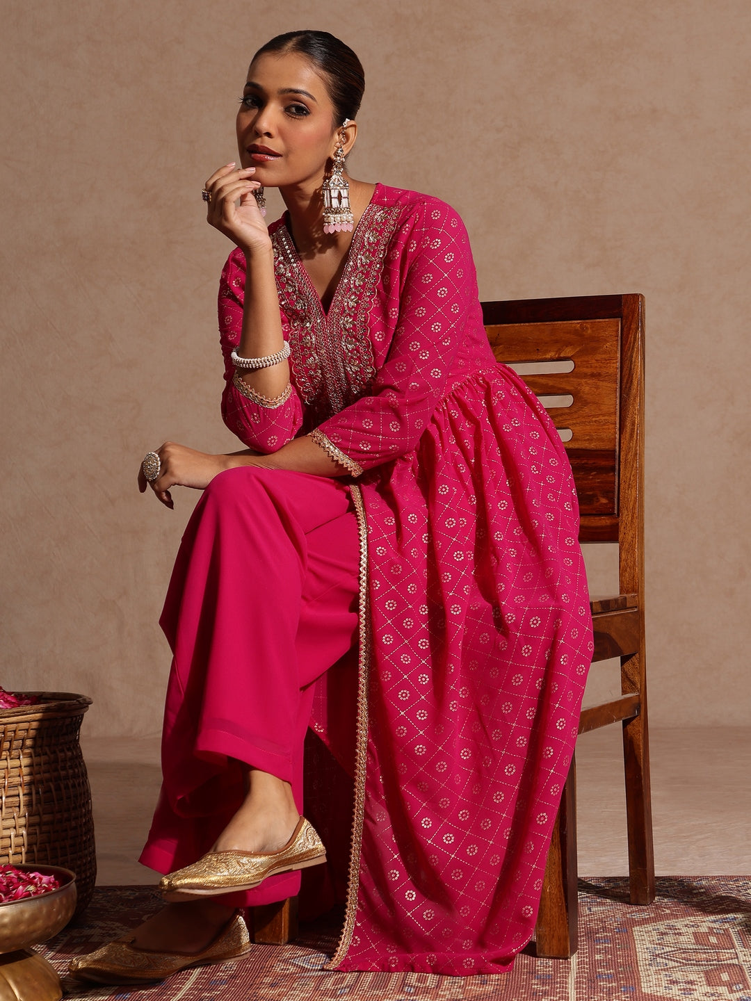 Janasya Women's Pink Georgette Foil Printed Embellished A-line Front-open Kurta With Palazzo Set