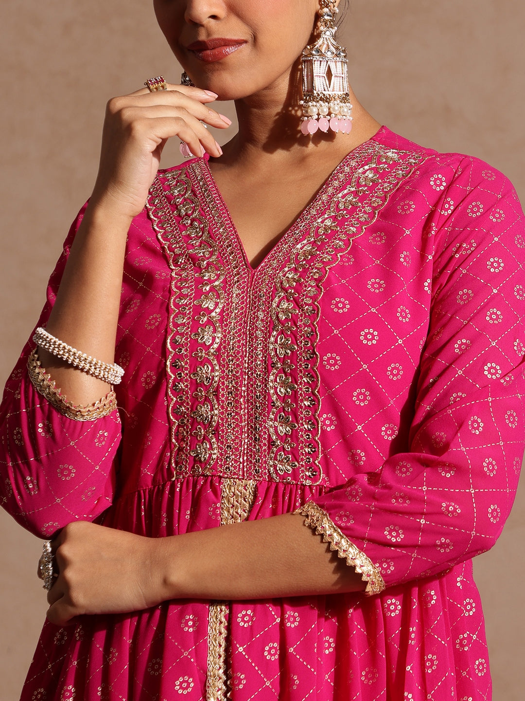 Janasya Women's Pink Georgette Foil Printed Embellished A-line Front-open Kurta With Palazzo Set