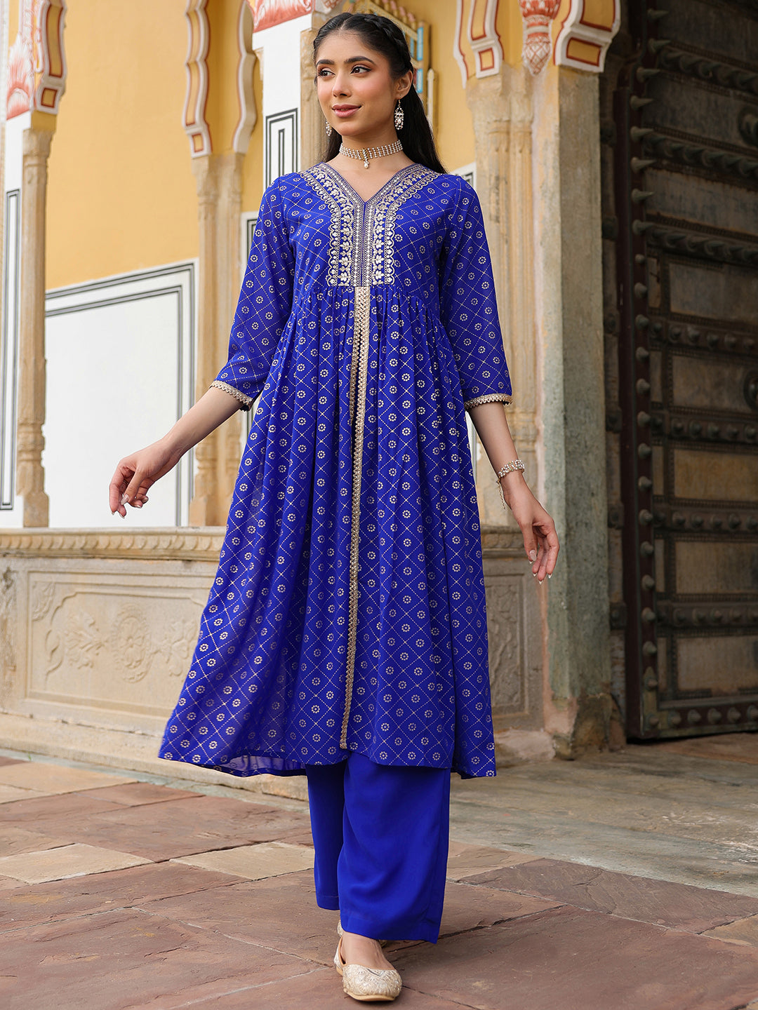 Janasya Women's Royal Blue Georgette Foil Printed Embellished A-line Front-slit Kurta With Palazzo Set