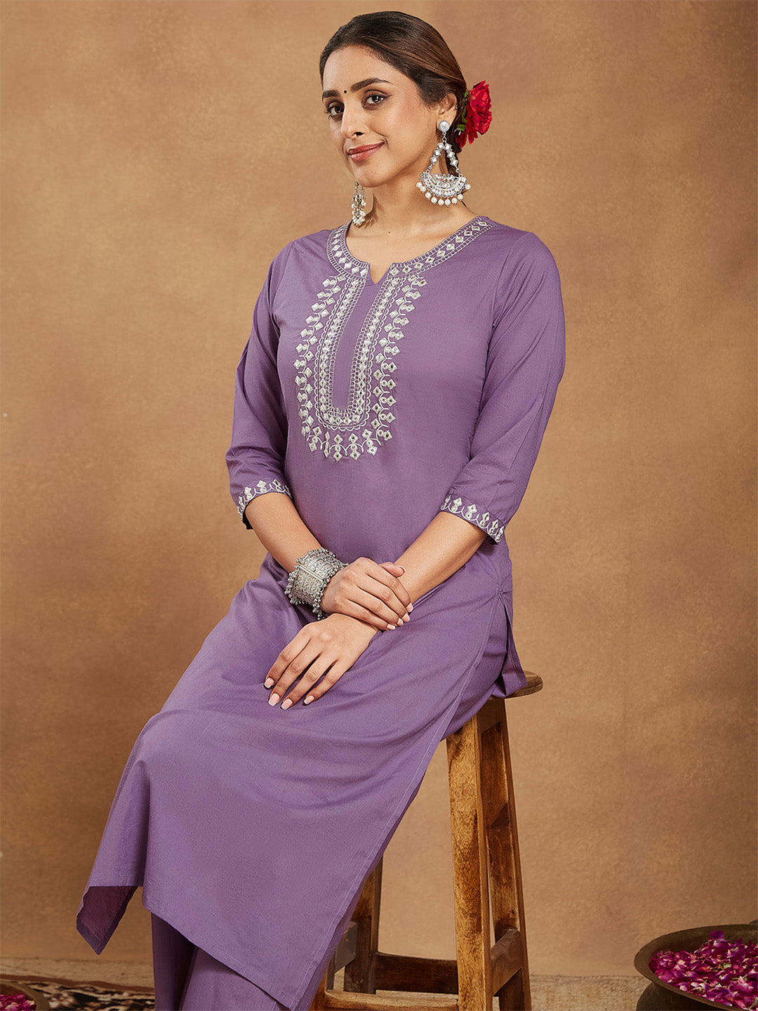 Janasya Women's Lavender Pure Cotton Yoke Embroidered Straight Kurta Pant Set
