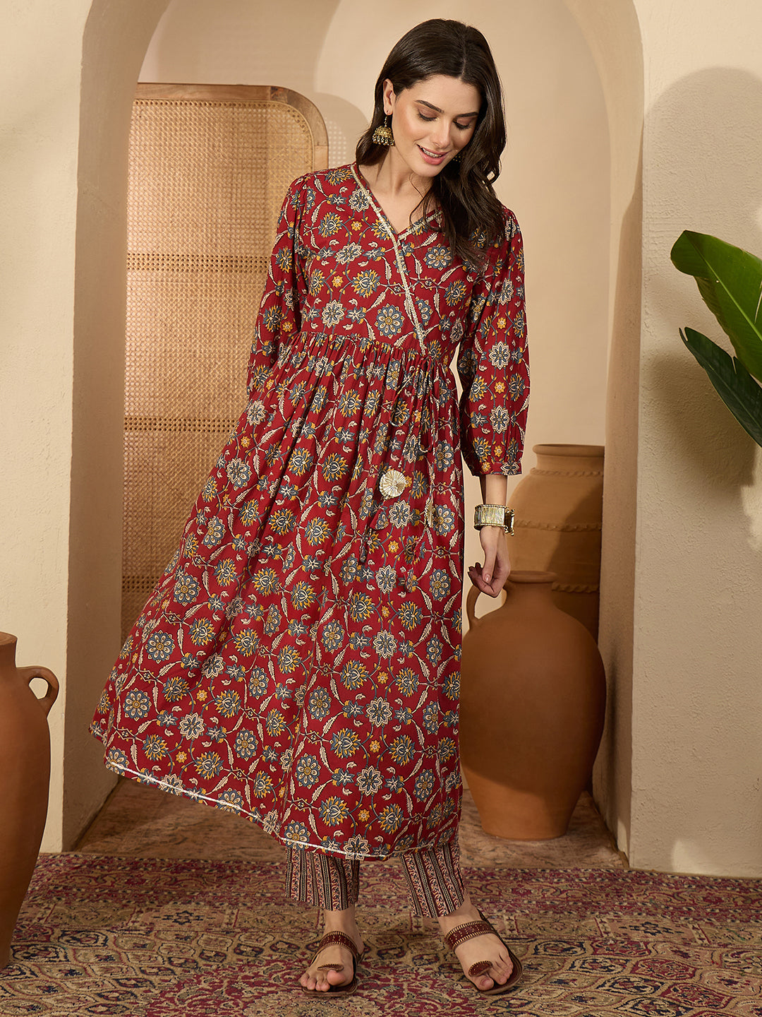 Janasya Women's Maroon Pure Cotton Floral Printed A-Line Wrap Kurta with Pant Set