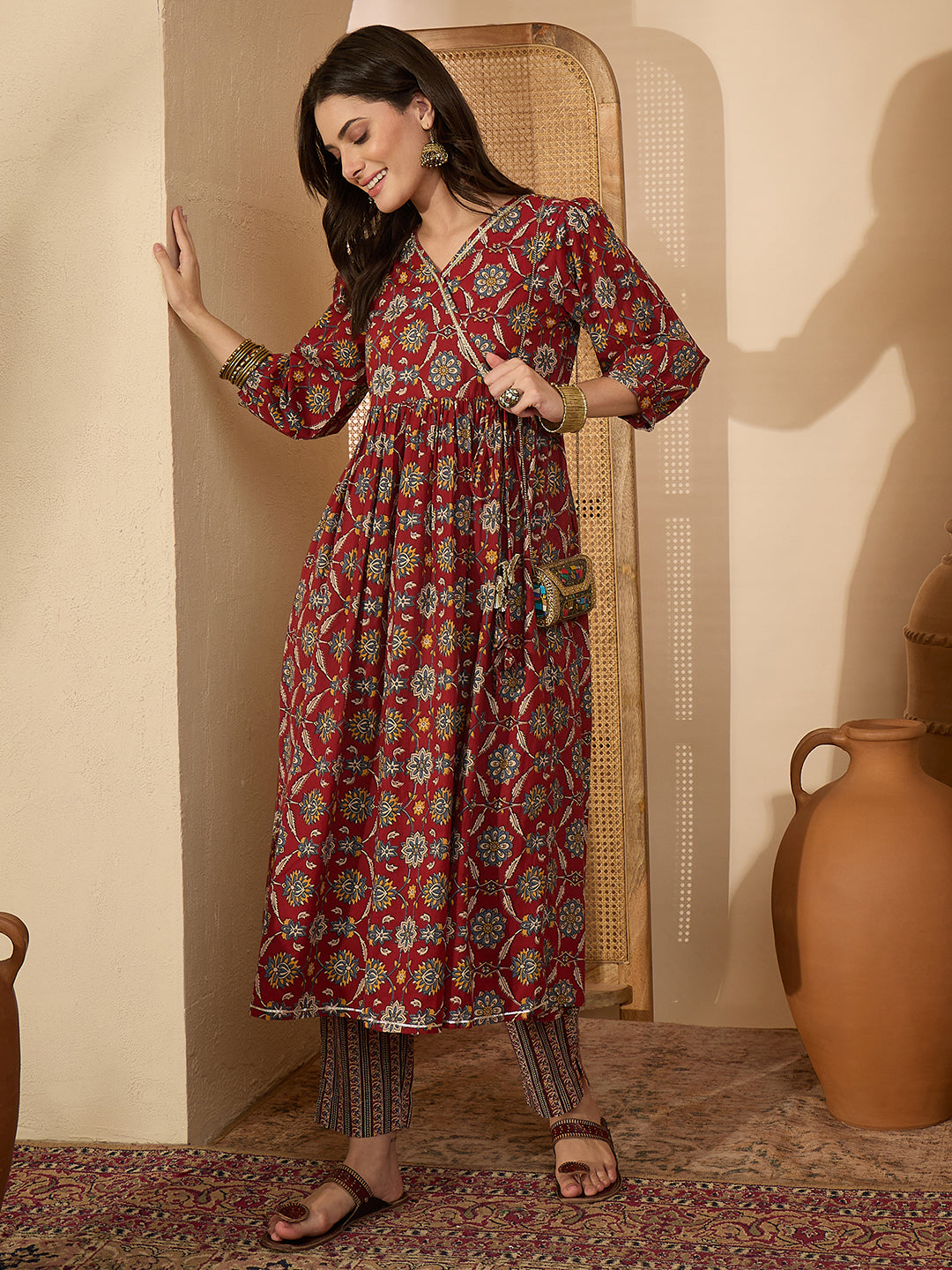 Janasya Women's Maroon Pure Cotton Floral Printed A-Line Wrap Kurta with Pant Set