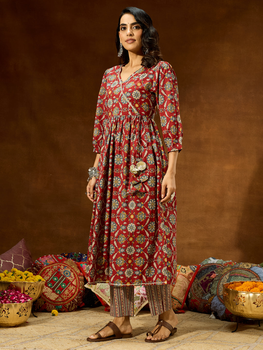 Janasya Women's Maroon Pure Cotton Floral Printed A-line Kurta Pant Set
