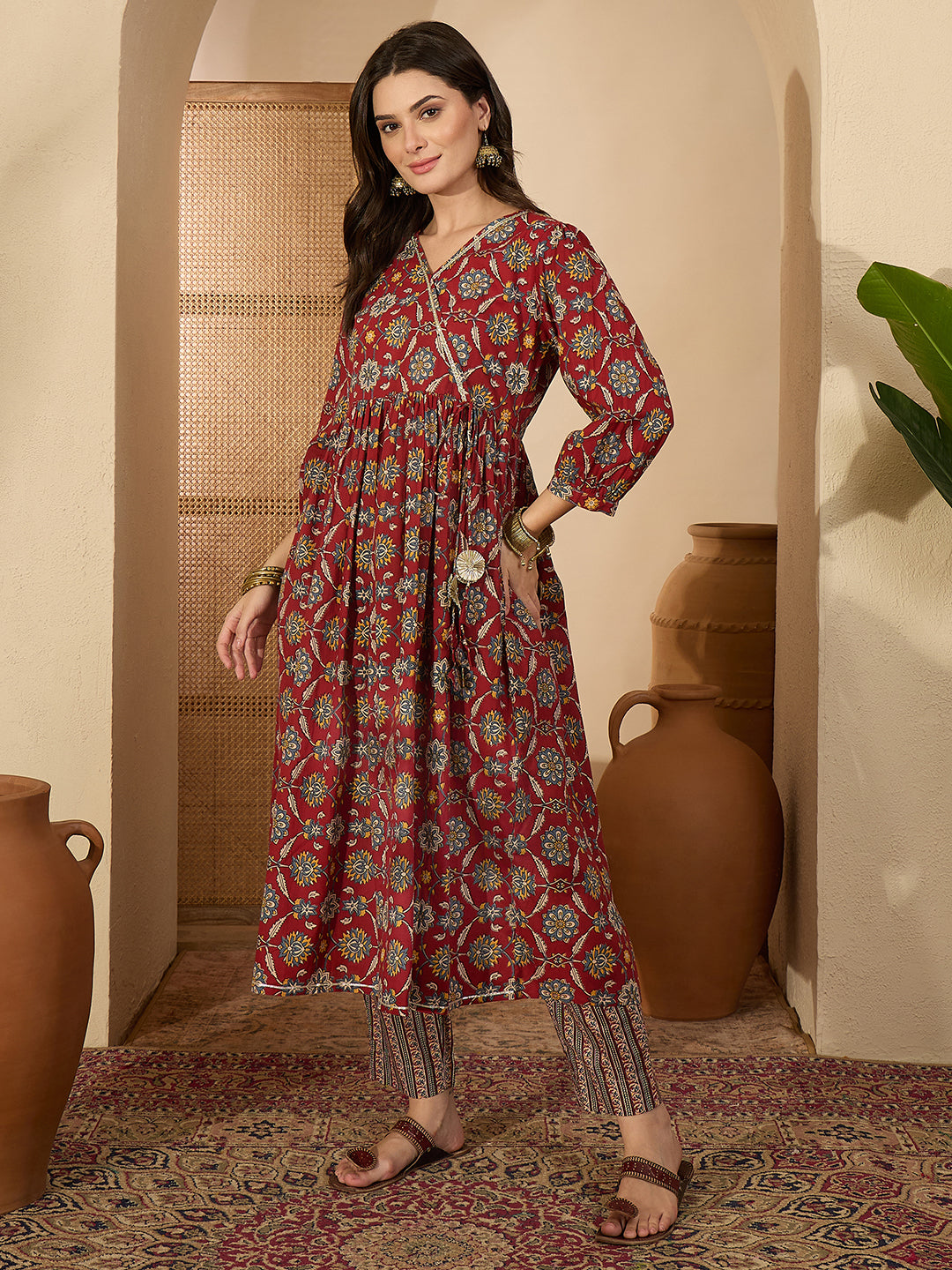 Janasya Women's Maroon Pure Cotton Floral Printed A-Line Wrap Kurta with Pant Set