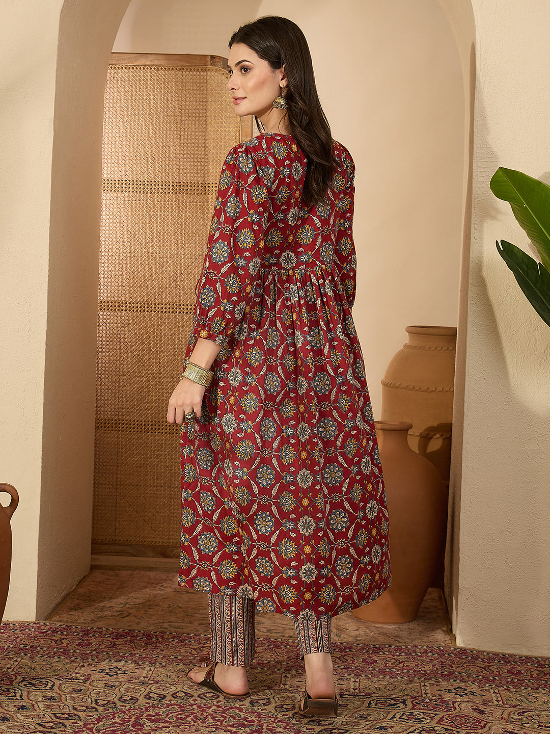 Janasya Women's Maroon Pure Cotton Floral Printed A-Line Wrap Kurta with Pant Set
