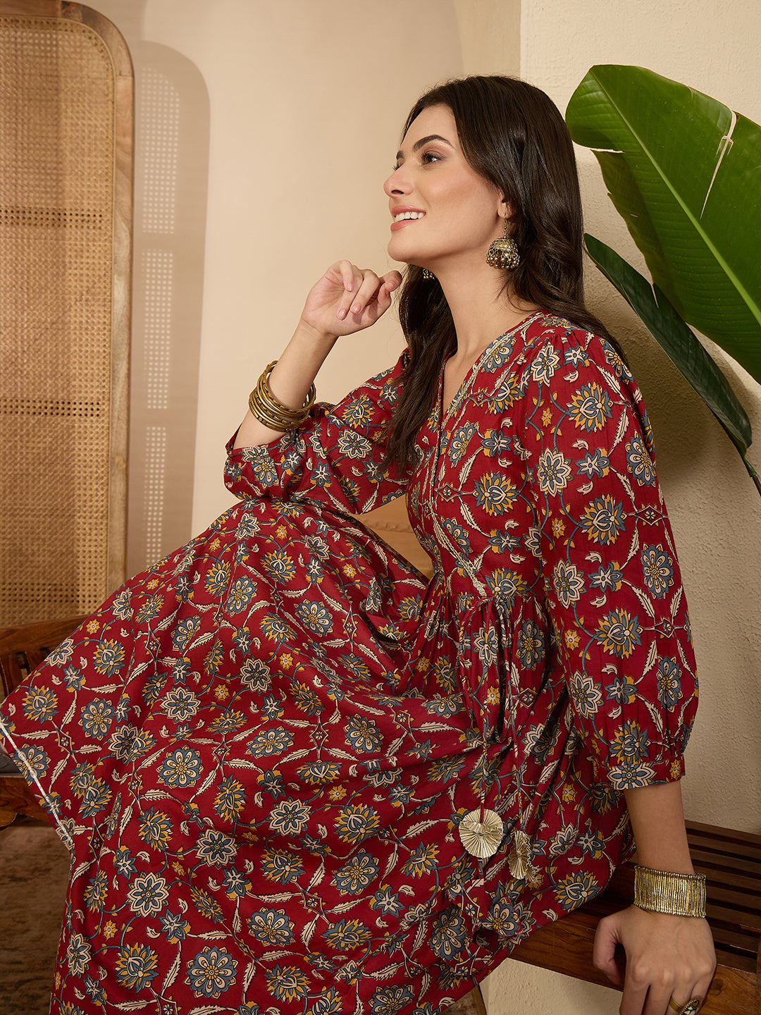Janasya Women's Maroon Pure Cotton Floral Printed A-Line Wrap Kurta with Pant Set