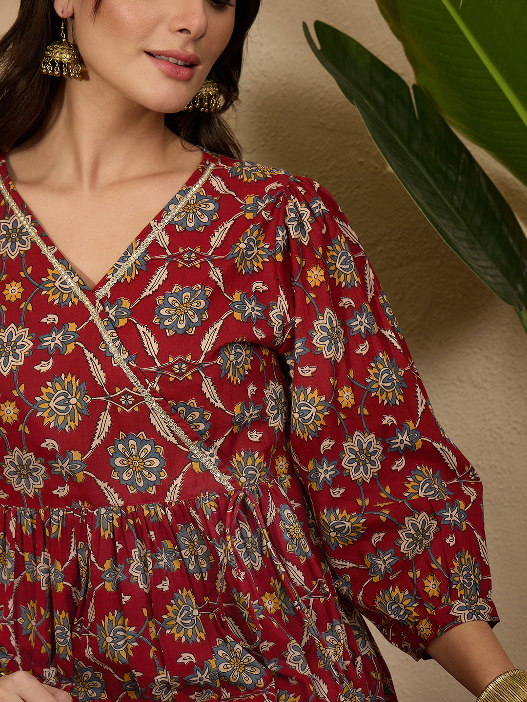 Janasya Women's Maroon Pure Cotton Floral Printed A-Line Wrap Kurta with Pant Set
