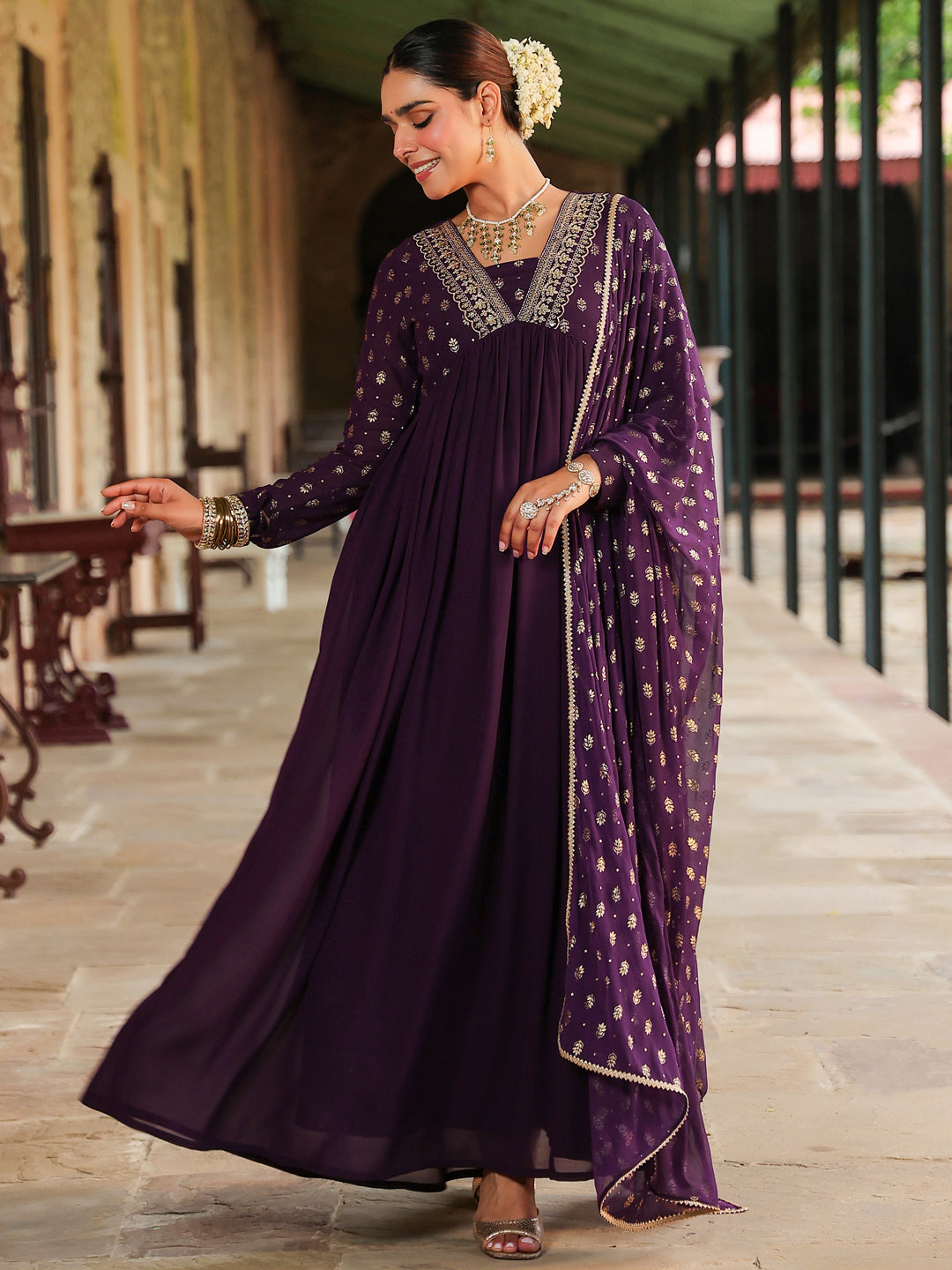 Janasya Women's Purple Georgette Embellished Foil Printed Gathered Kurta With Dupatta Set