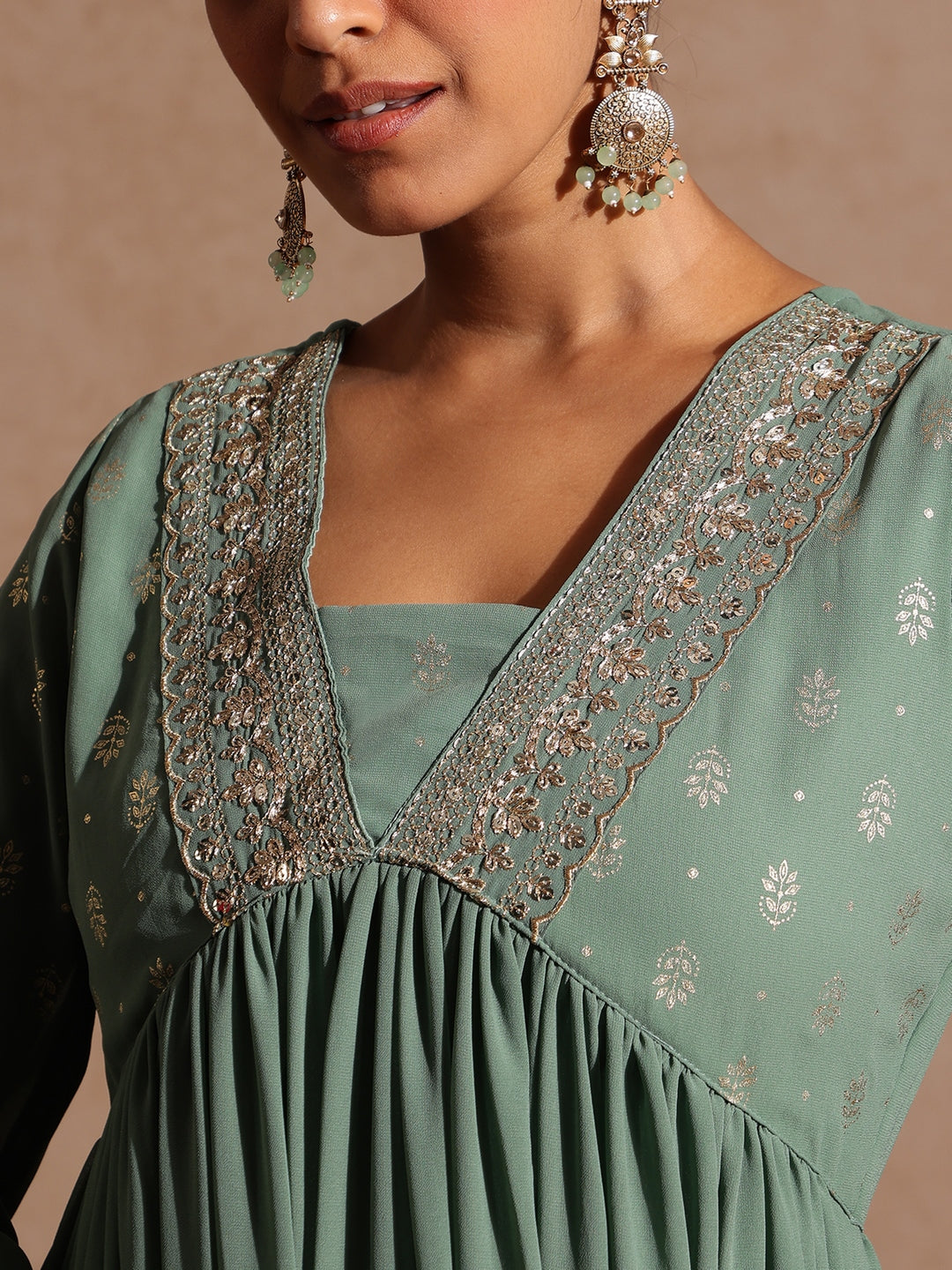 Janasya Women's Sage Green Georgette Embellished Foil Printed Gathered Kurta With Dupatta Set