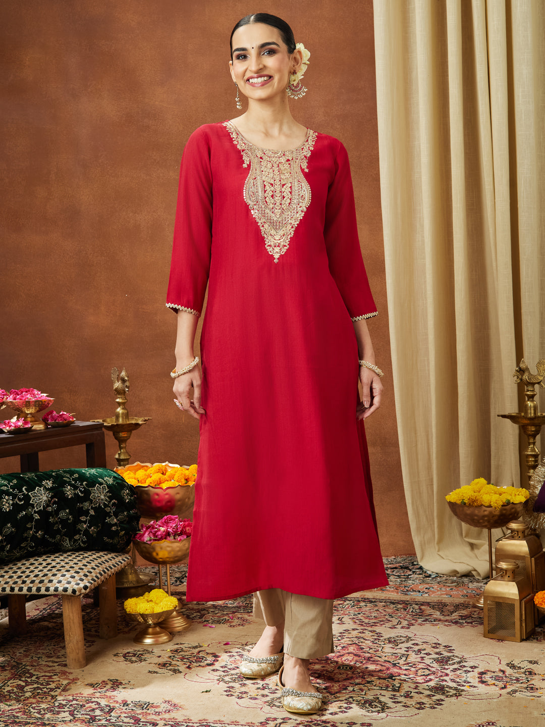 Janasya Women's Maroon Silk Blend Yoke Embroidered Straight Kurta