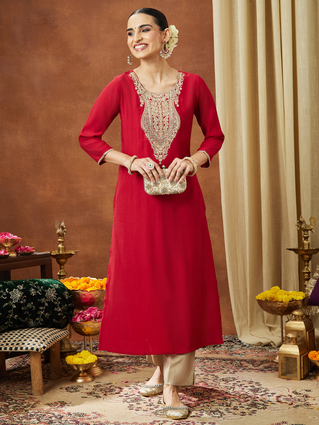 Janasya Women's Maroon Silk Blend Yoke Embroidered Straight Kurta