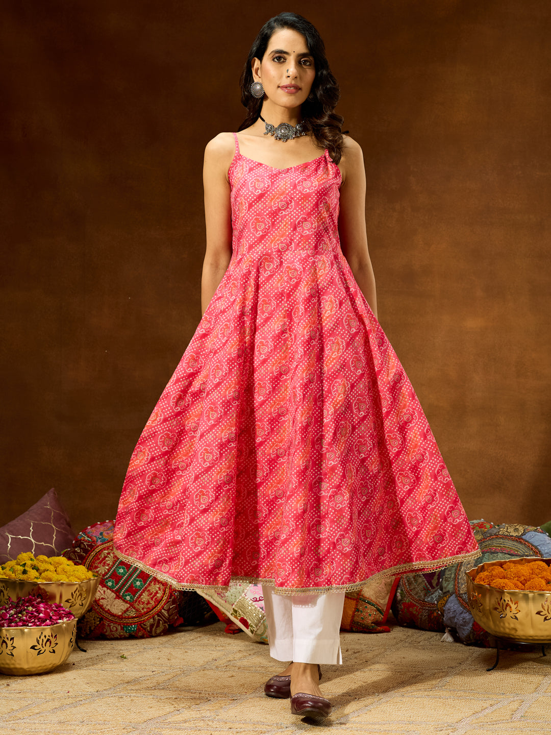 Janasya Women's Pink Pure Cotton Bandhani Printed Anarkali Kurta