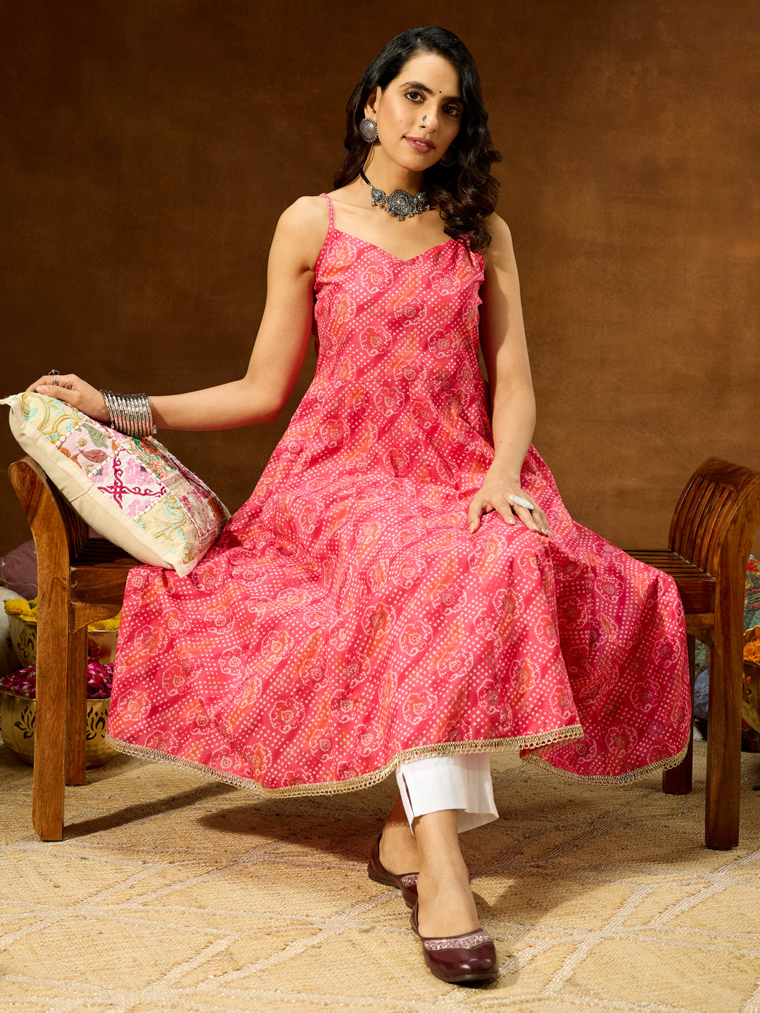 Janasya Women's Pink Pure Cotton Bandhani Printed Anarkali Kurta