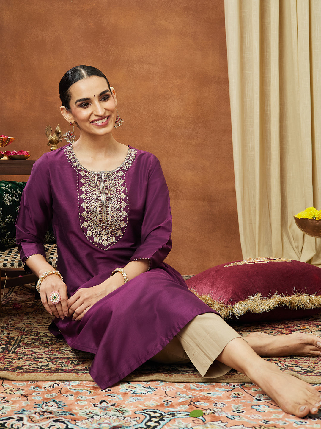 Janasya Women's Wine Chanderi Silk Zari Yoke Embroidered Straight Kurta