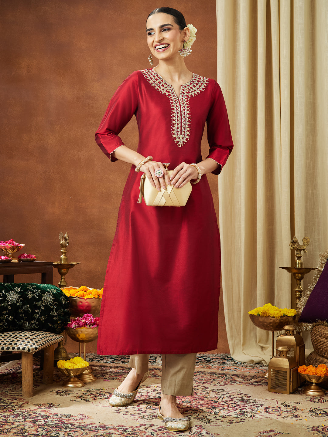 Janasya Women's Maroon Chanderi Silk Zari Yoke Embroidered Straight Kurta