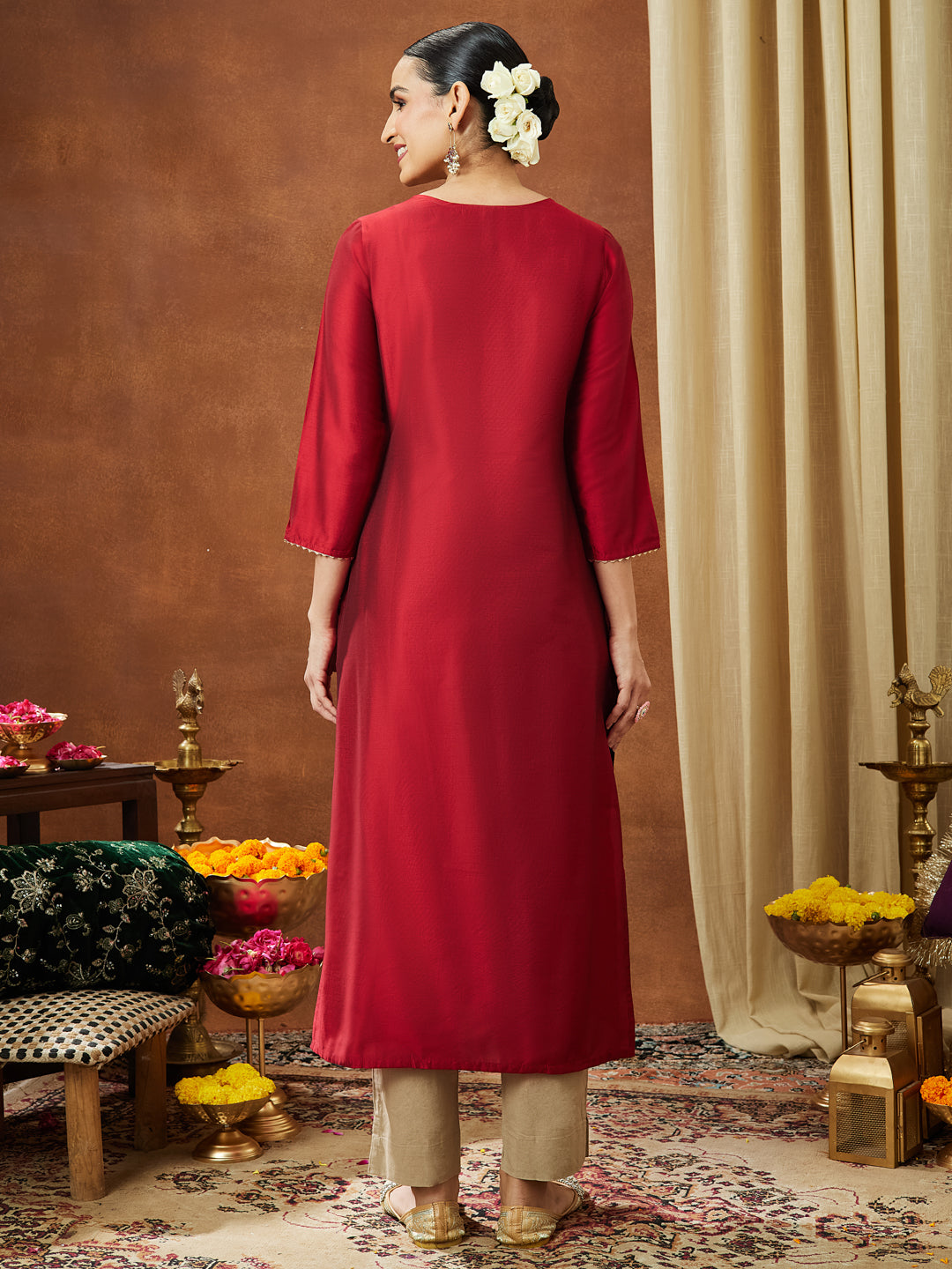 Janasya Women's Maroon Chanderi Silk Zari Yoke Embroidered Straight Kurta