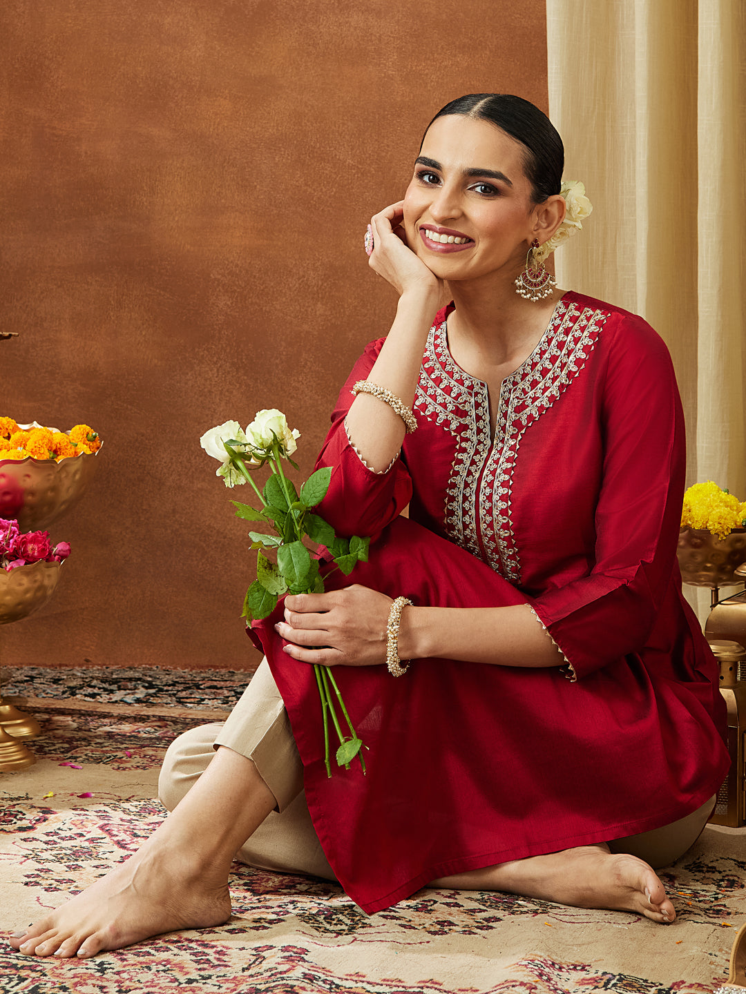 Janasya Women's Maroon Chanderi Silk Zari Yoke Embroidered Straight Kurta