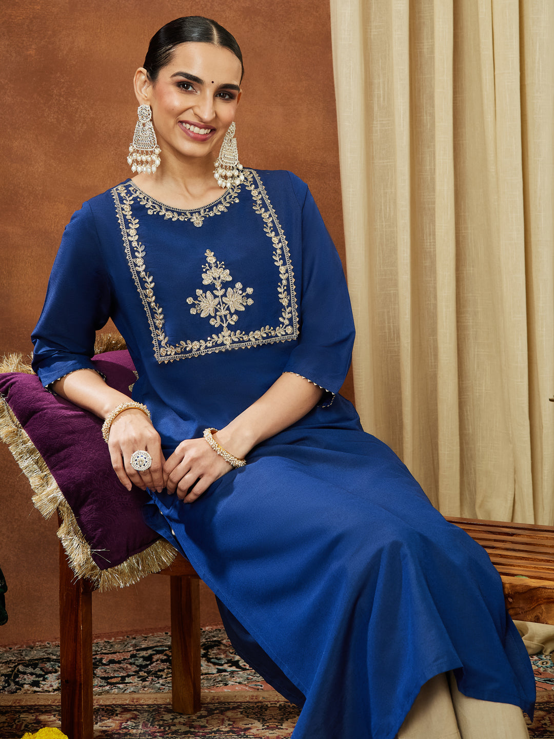 Janasya Women's Navy Blue Chanderi Silk Zari Yoke Embroidered Straight Kurta