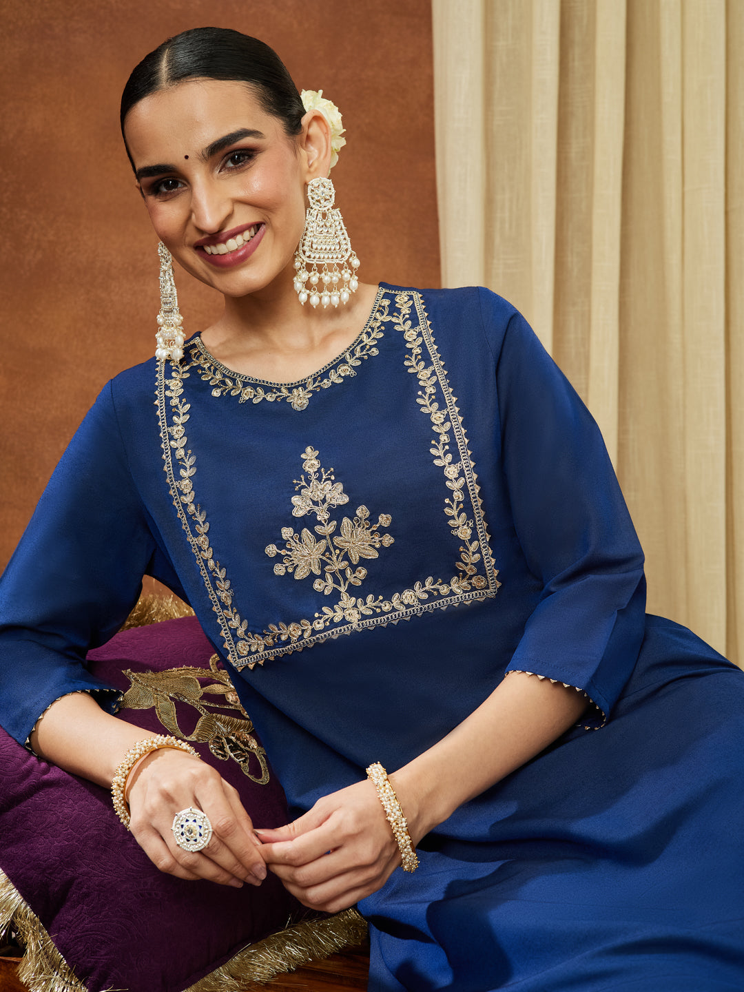 Janasya Women's Navy Blue Chanderi Silk Zari Yoke Embroidered Straight Kurta