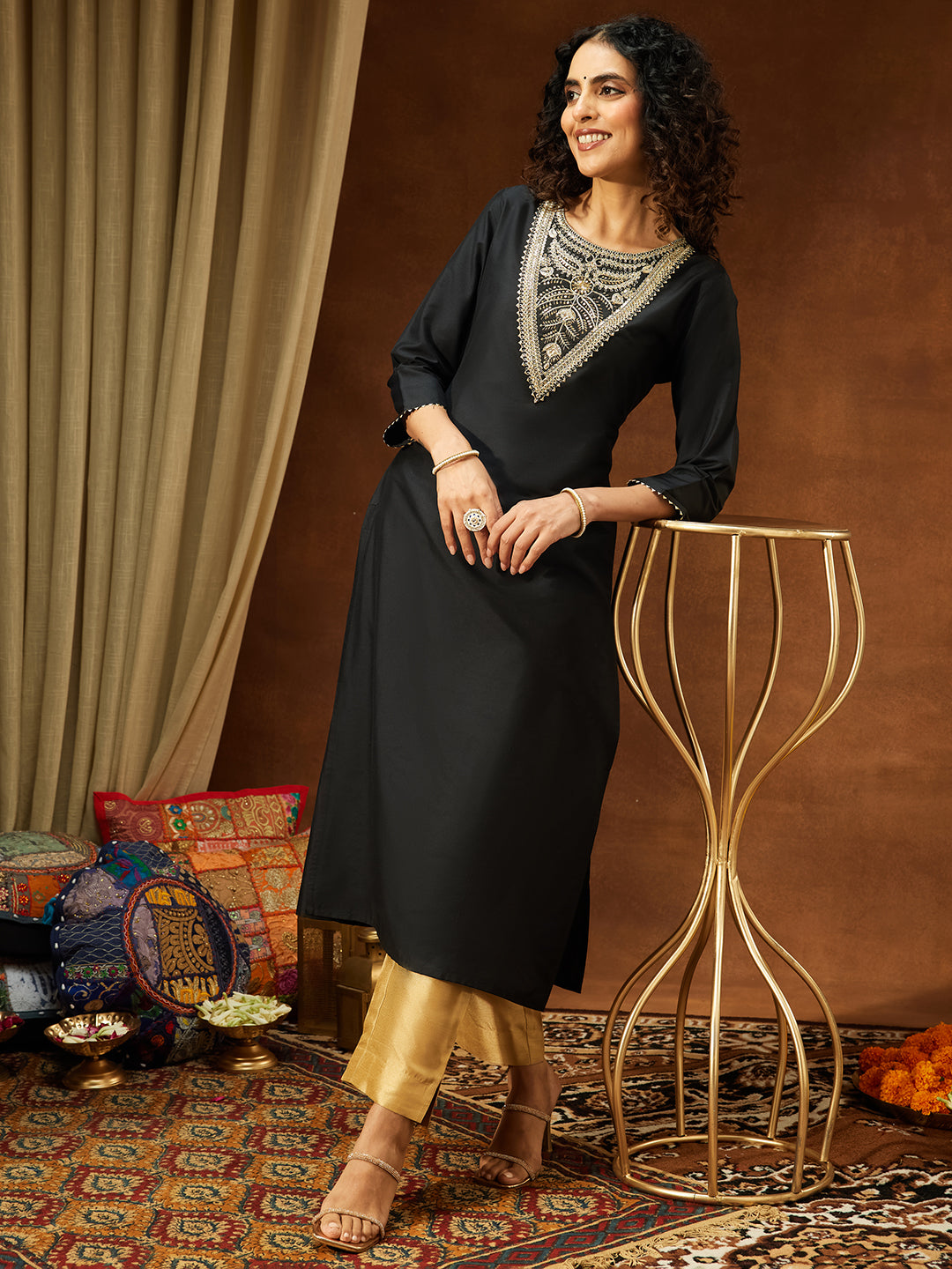 Janasya Women's Black Chanderi Silk Yoke Embroidered Straight Kurta