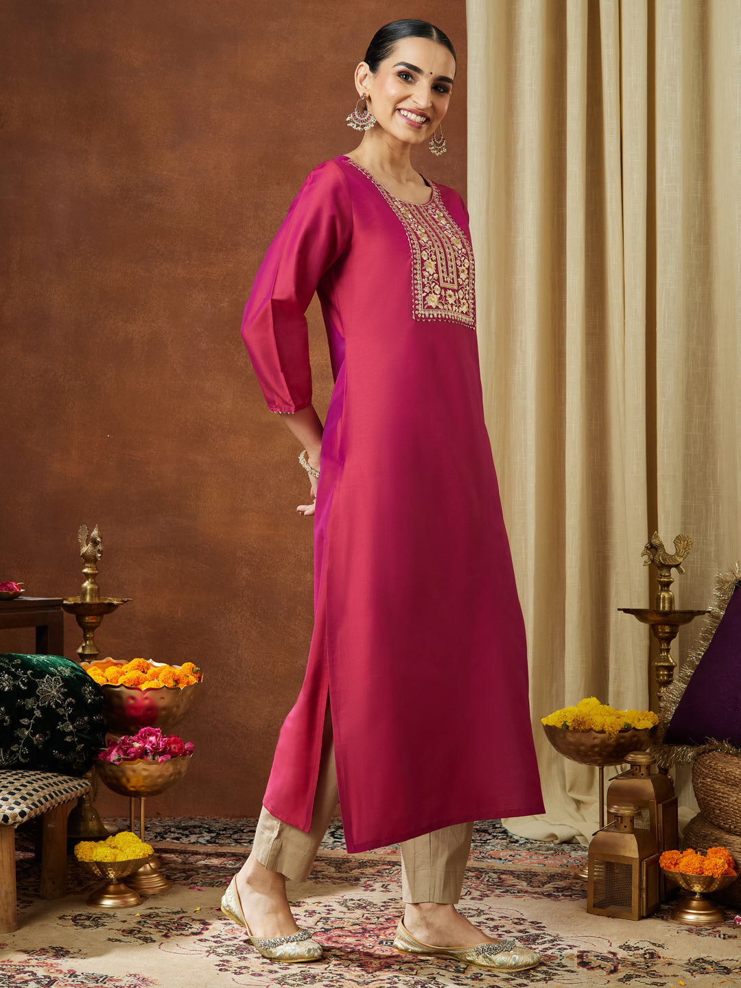 Janasya Women's Pink Chanderi Silk Zari Yoke Embroidered Straight Kurta