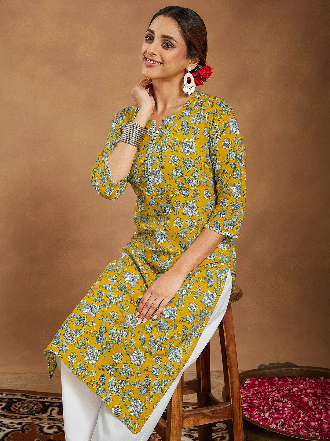 Janasya Women's Mustard Pure Cotton Floral Printed Straight Kurta