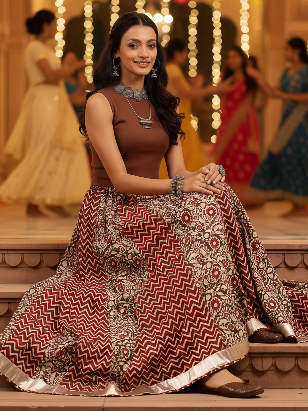 Janasya Women's Maroon Pure Cotton Ethnic Printed Flared Skirt