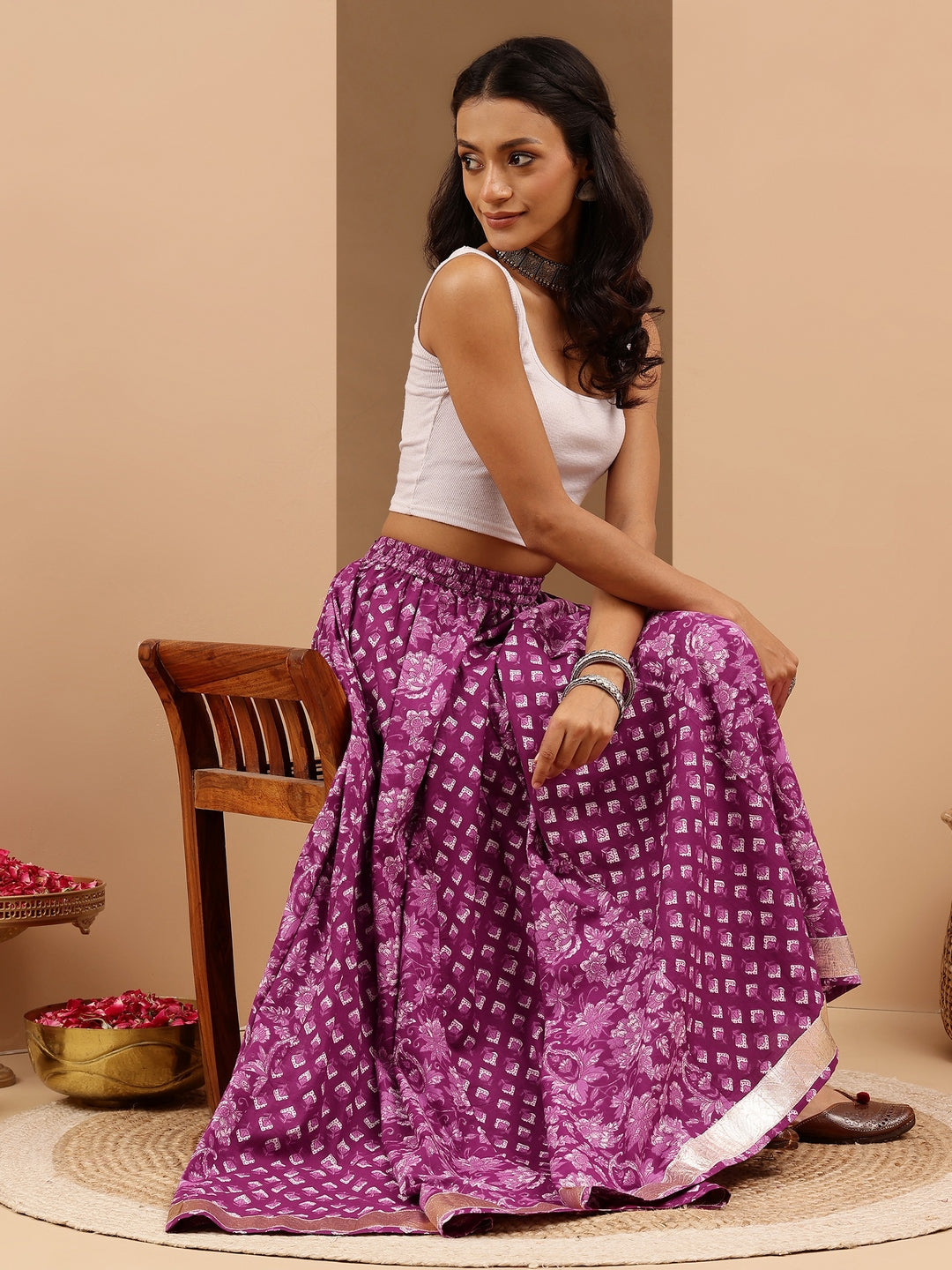 Janasya Women's Purple Pure Cotton Floral Printed Flared Skirt