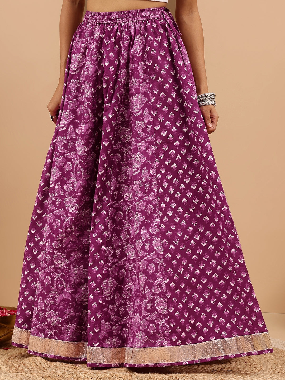 Janasya Women's Purple Pure Cotton Floral Printed Flared Skirt
