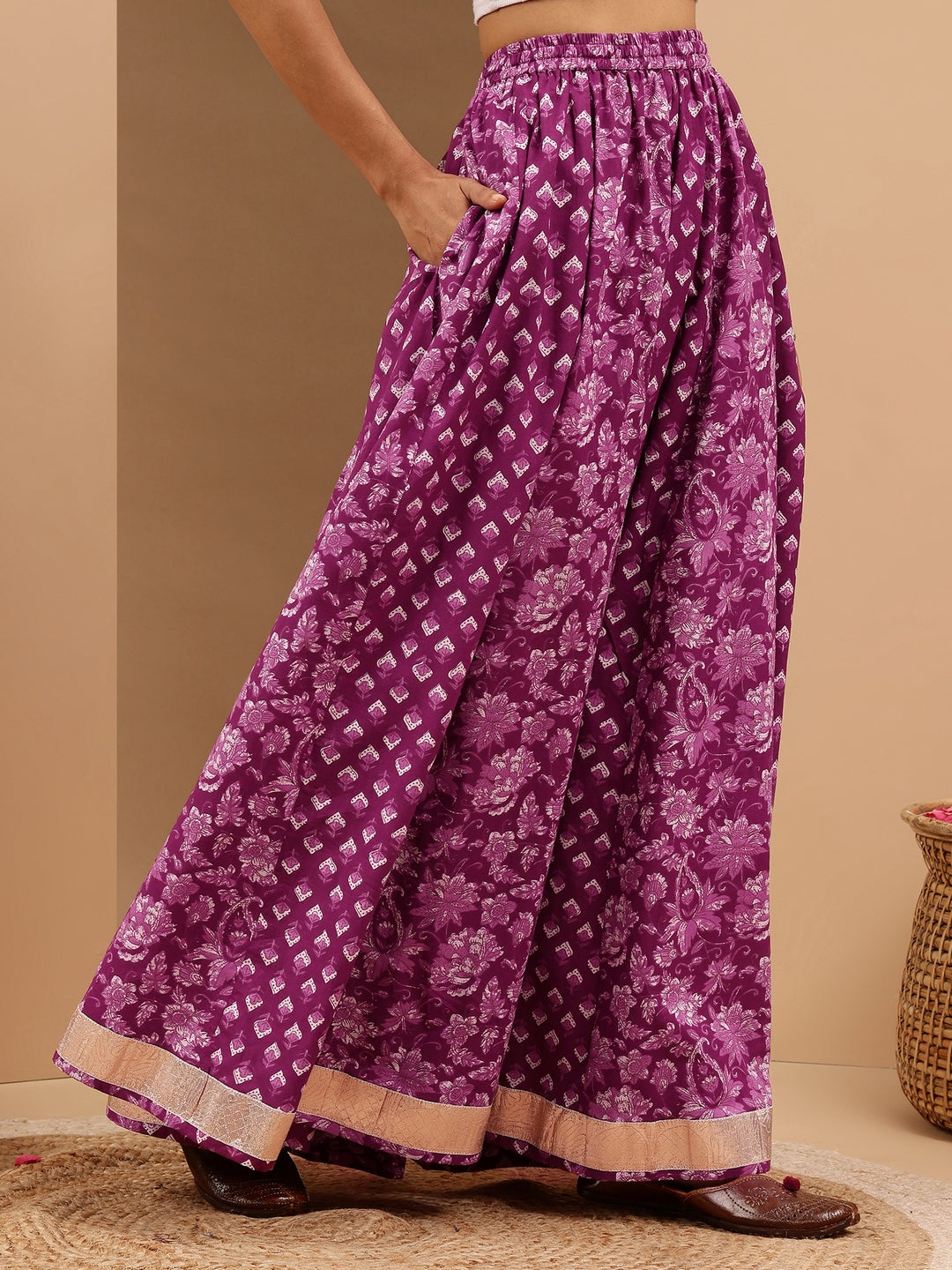 Janasya Women's Purple Pure Cotton Floral Printed Flared Skirt