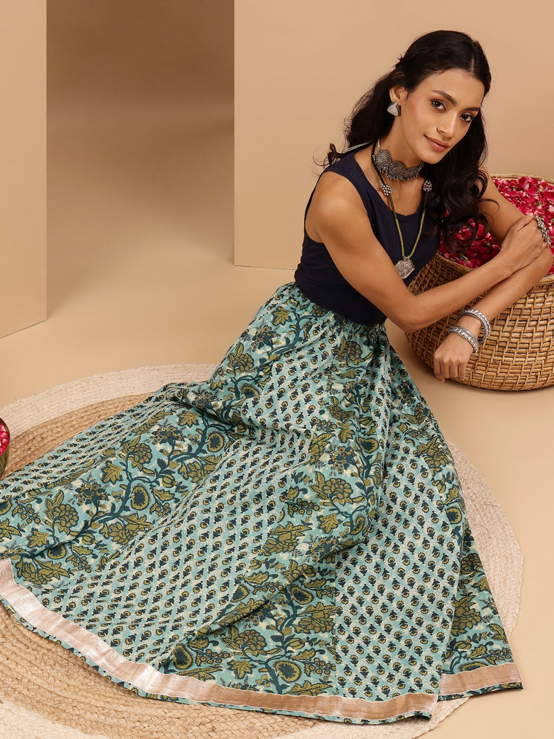 Janasya Women's Aqua Green Pure Cotton Floral Printed Skirt