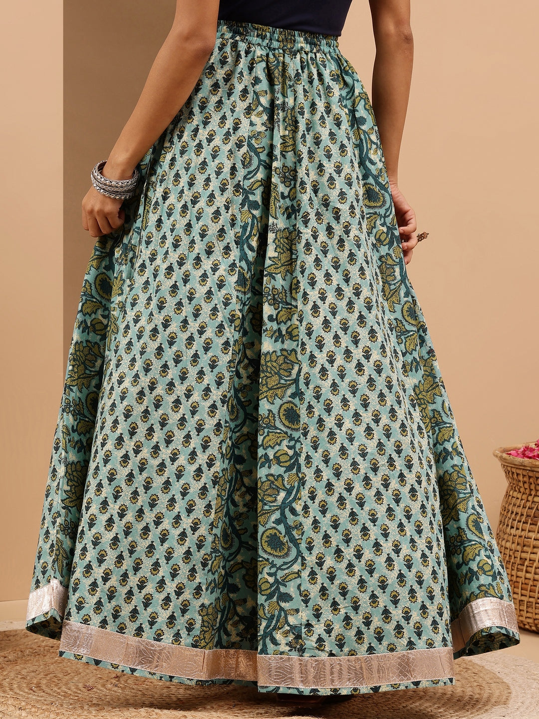 Janasya Women's Aqua Green Pure Cotton Floral Printed Skirt