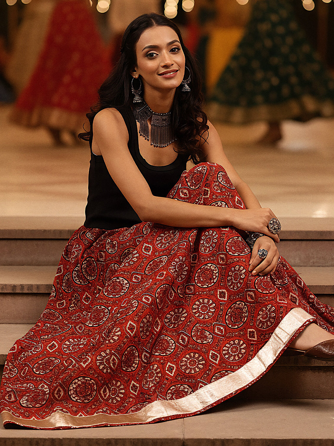 Janasya Women's Rust Pure Cotton Floral Printed Flared Skirt