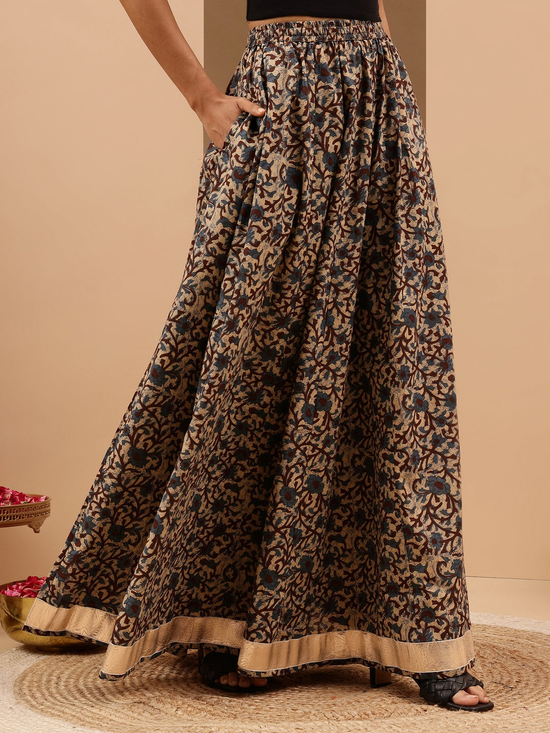 Janasya Women's Beige Pure Cotton Floral Printed Flared Skirt