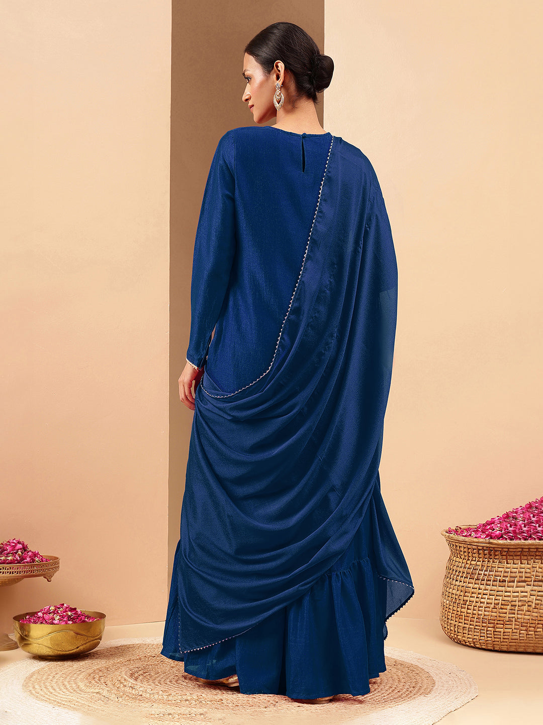 Janasya Women's Teal Blue Silk Blend Zari Embroidered Straight Kurta With Sharara & Dupatta Set
