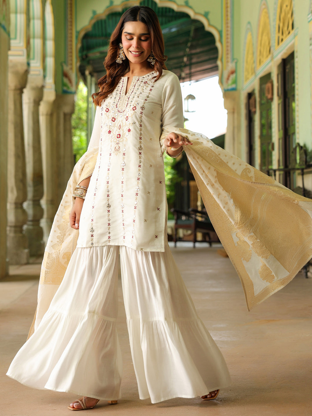 Janasya Women's Off White Chanderi Silk Embroidered Mirror Work Kurta With Sharara & Dupatta Set