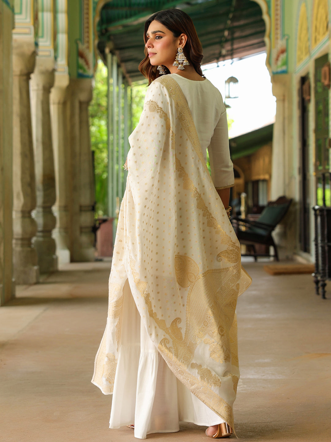 Janasya Women's Off White Chanderi Silk Embroidered Mirror Work Kurta With Sharara & Dupatta Set