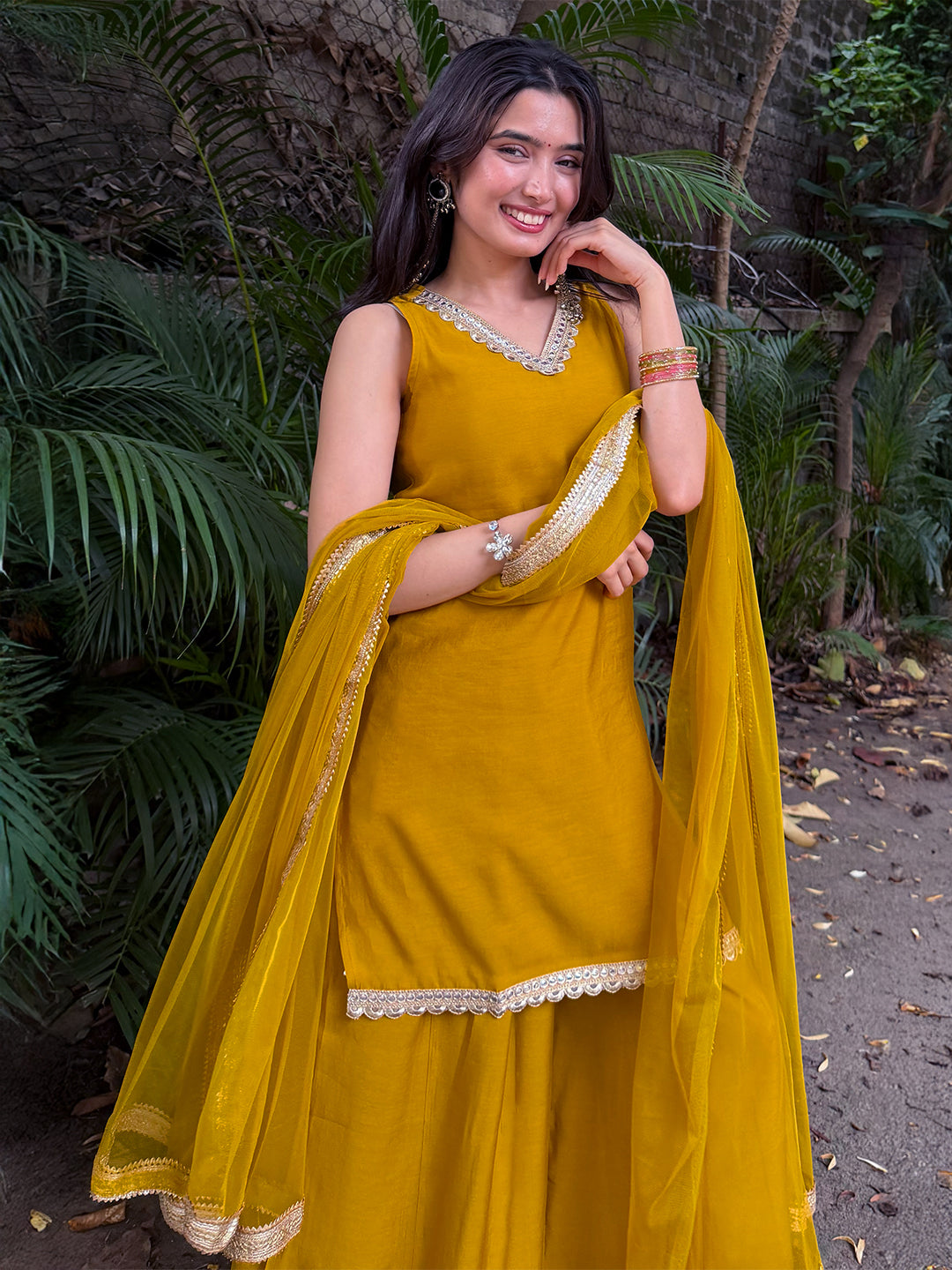 Janasya Women's Yellow Chanderi Silk Embellished Straight Kurta With Sharara and Dupatta Set