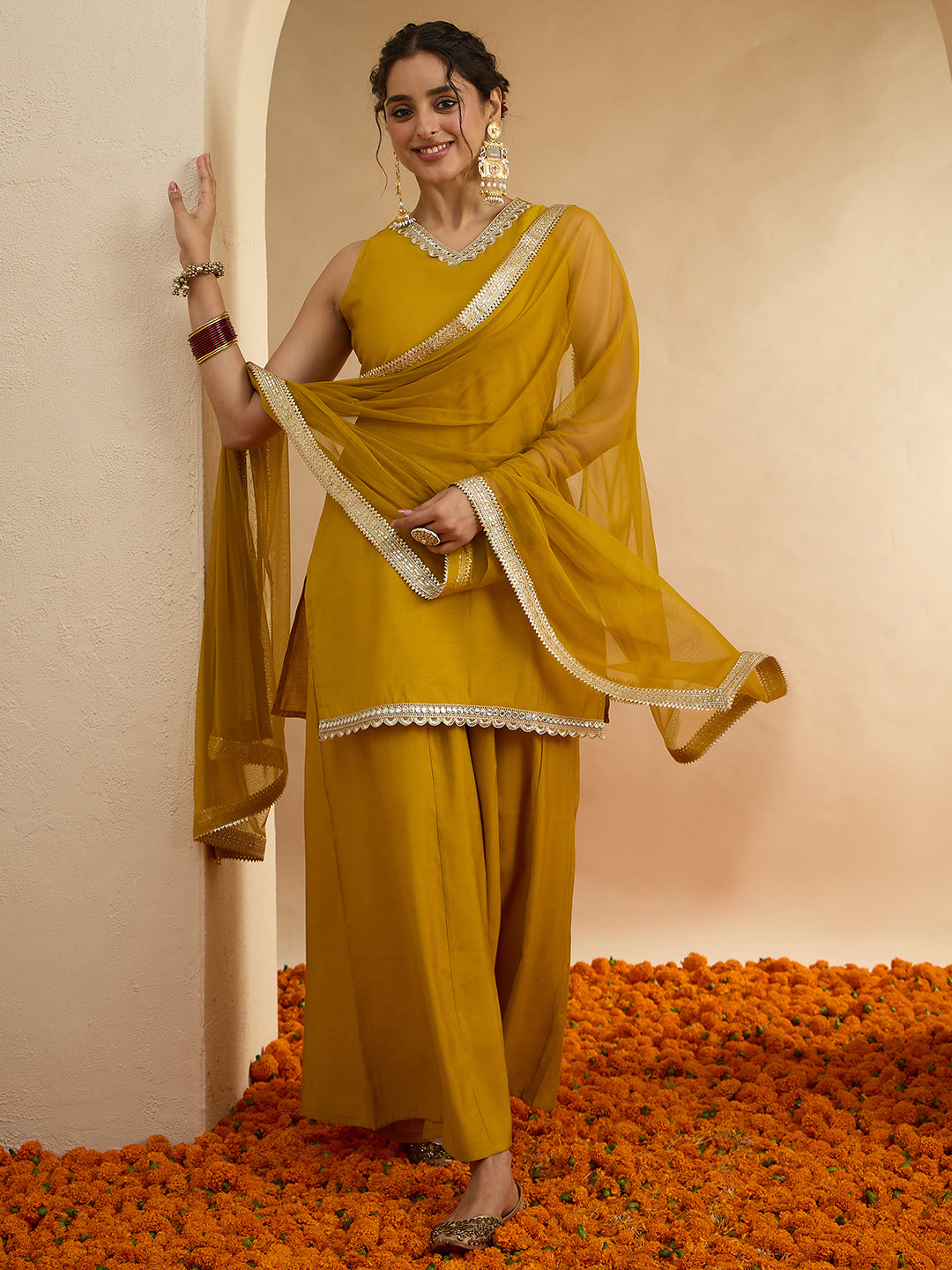 Janasya Women's Yellow Chanderi Silk Embellished Straight Kurta With Sharara and Dupatta Set