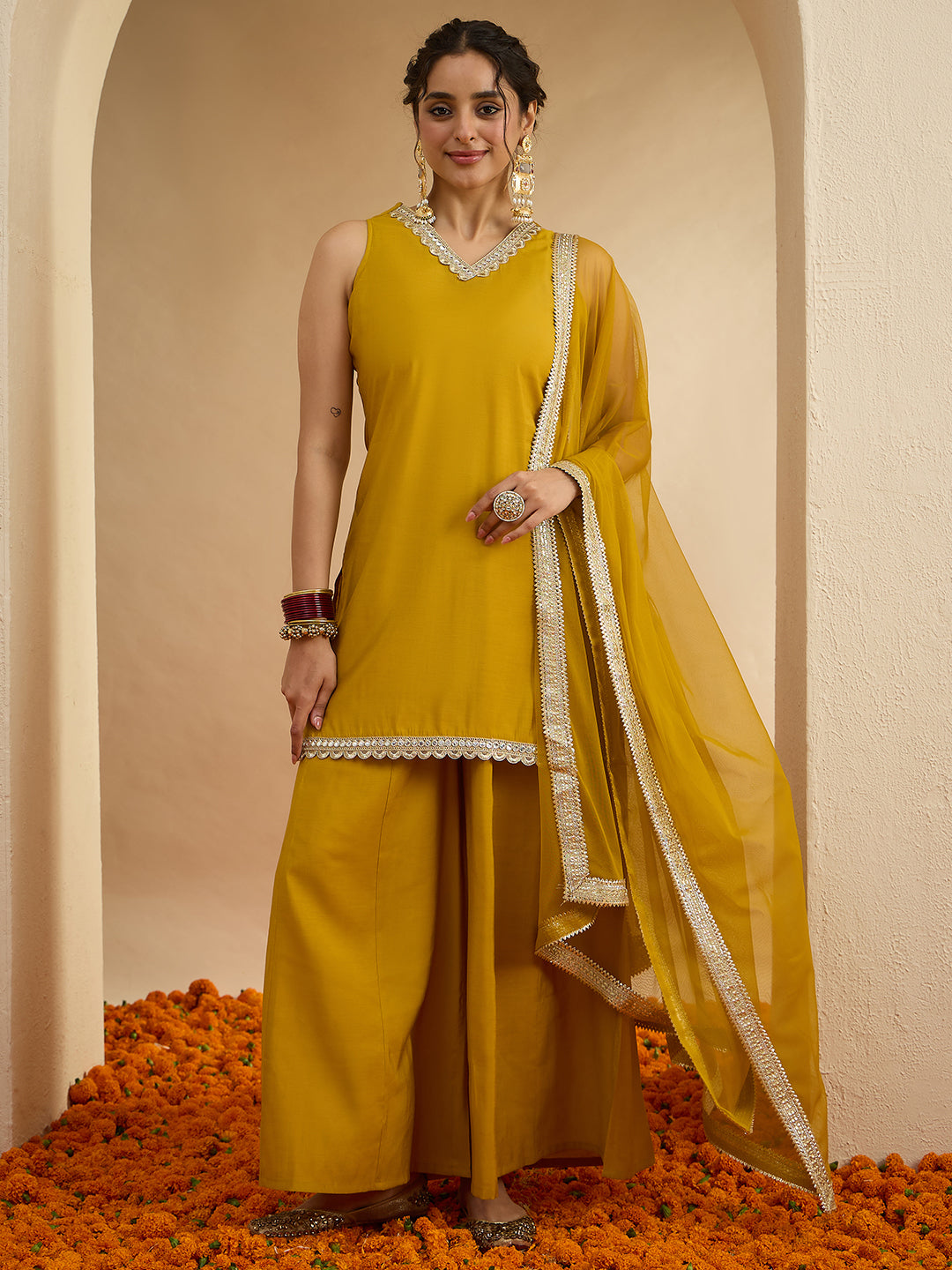 Janasya Women's Yellow Chanderi Silk Embellished Straight Kurta With Sharara and Dupatta Set