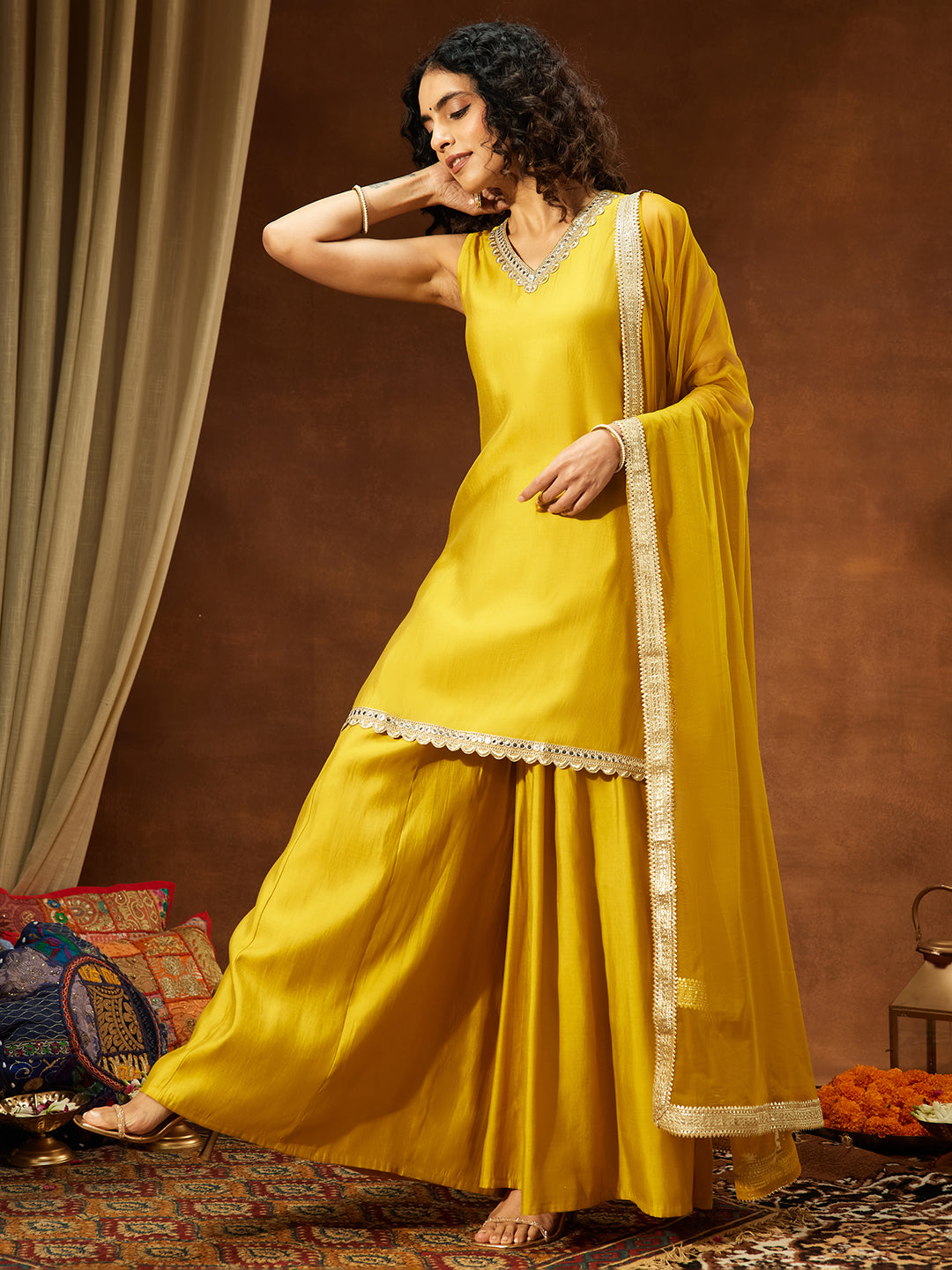 Janasya Women's Yellow Chanderi Silk Embellished Straight Kurta With Sharara & Dupatta Set