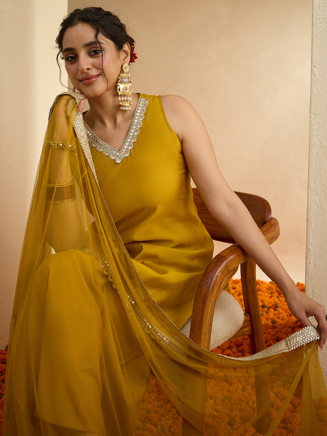 Janasya Women's Yellow Chanderi Silk Embellished Straight Kurta With Sharara and Dupatta Set