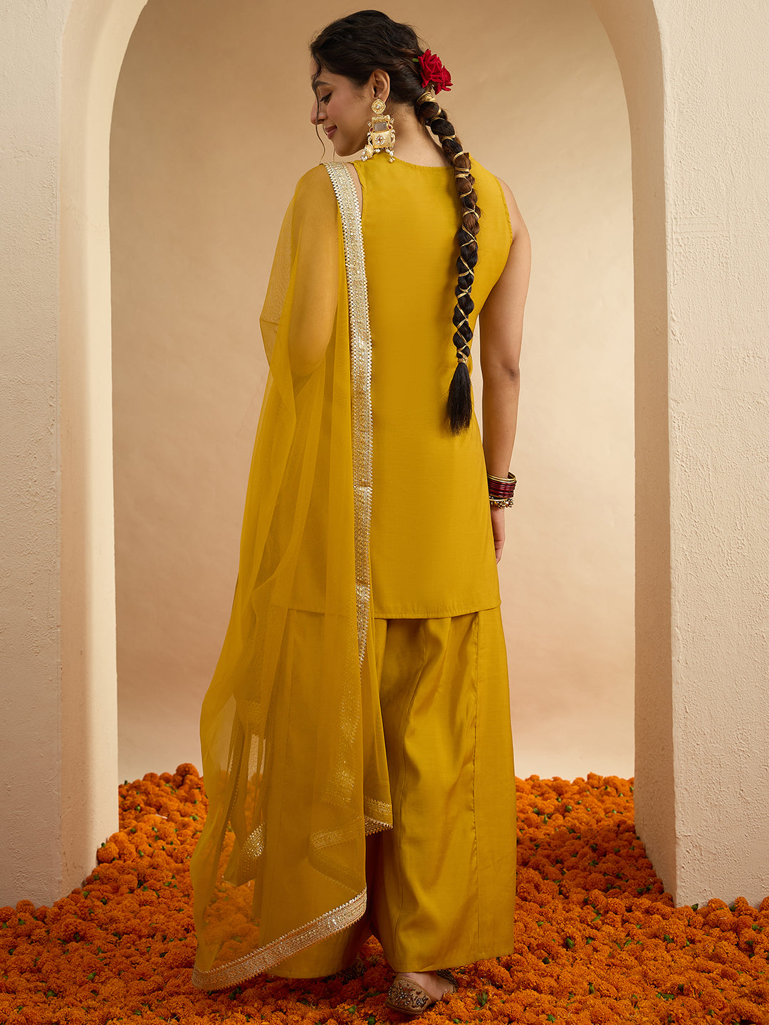 Janasya Women's Yellow Chanderi Silk Embellished Straight Kurta With Sharara and Dupatta Set