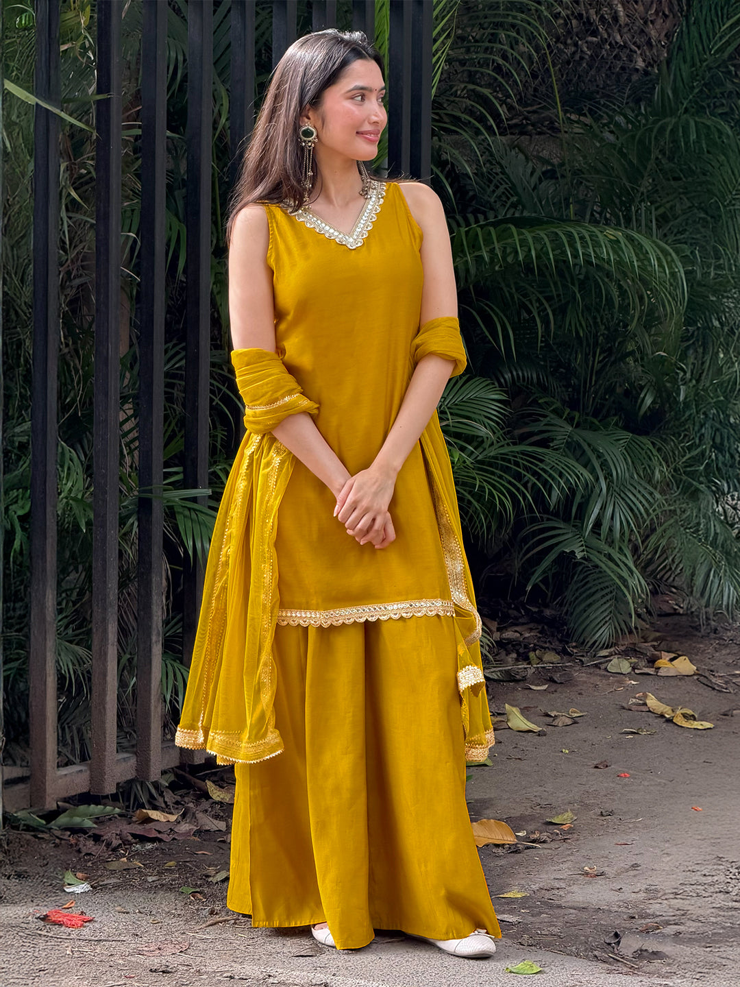 Janasya Women's Yellow Chanderi Silk Embellished Straight Kurta With Sharara and Dupatta Set