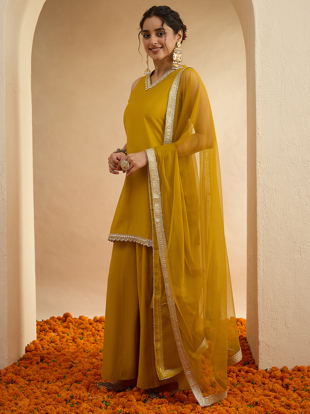 Janasya Women's Yellow Chanderi Silk Embellished Straight Kurta With Sharara and Dupatta Set